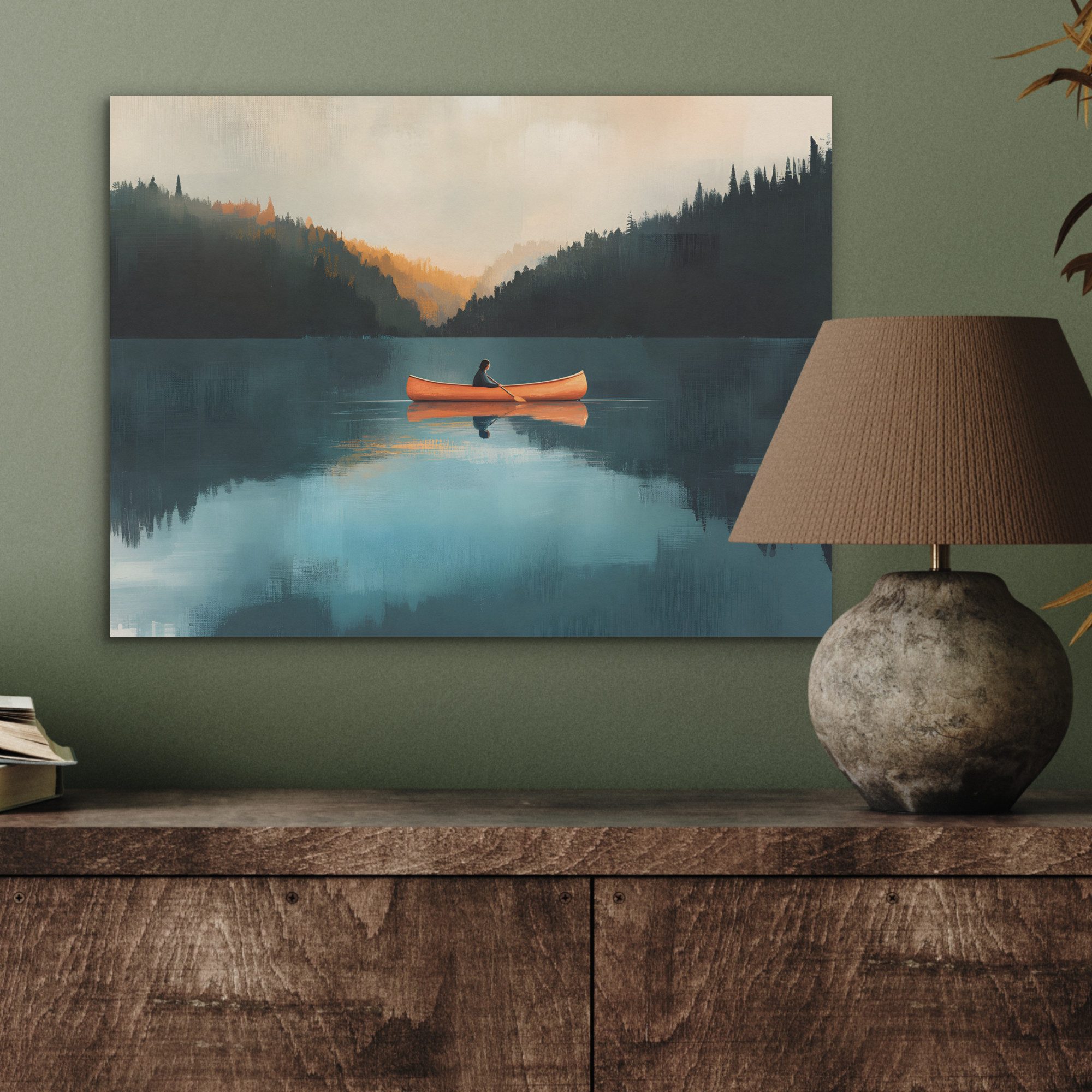 MuchoWow Gemälde Wälder - See - Kanu - Orange, Fotodruck (1 St), Akustikpaneele PET-Filz, Akustikbild, Schalldämmung, Deko 40x30 cm