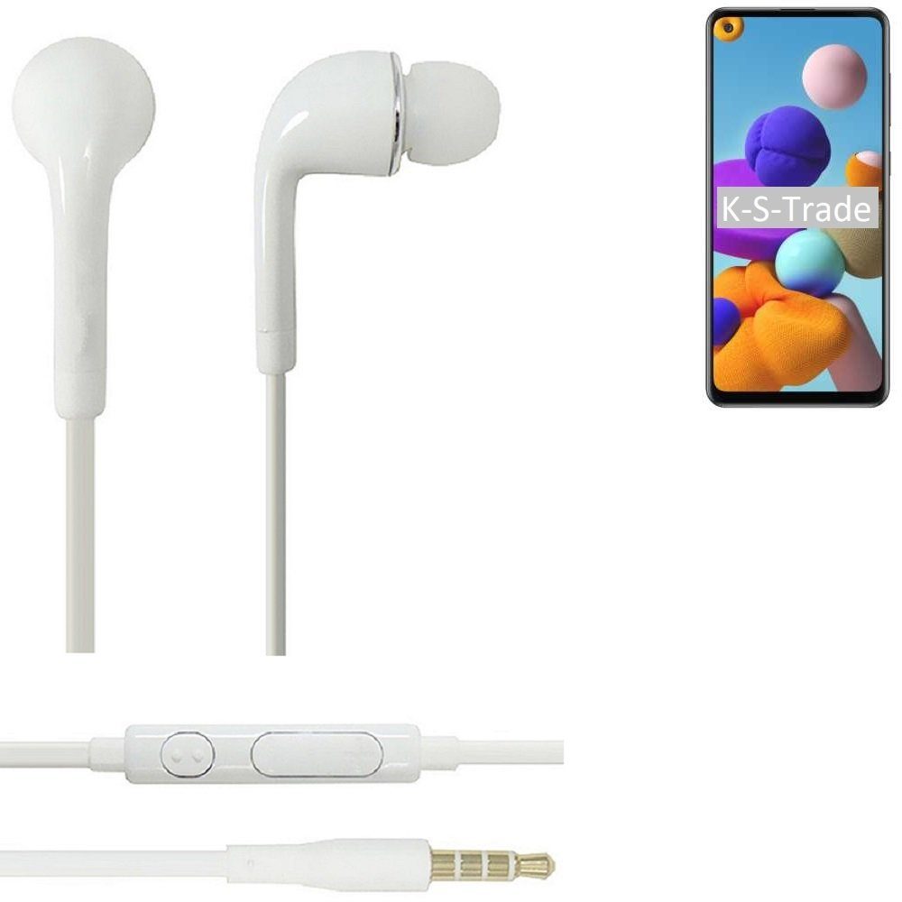 K-S-Trade für Samsung Galaxy A21s In-Ear-Kopfhörer (Kopfhörer Headset mit Mikrofon u Lautstärkeregler weiß 3,5mm)