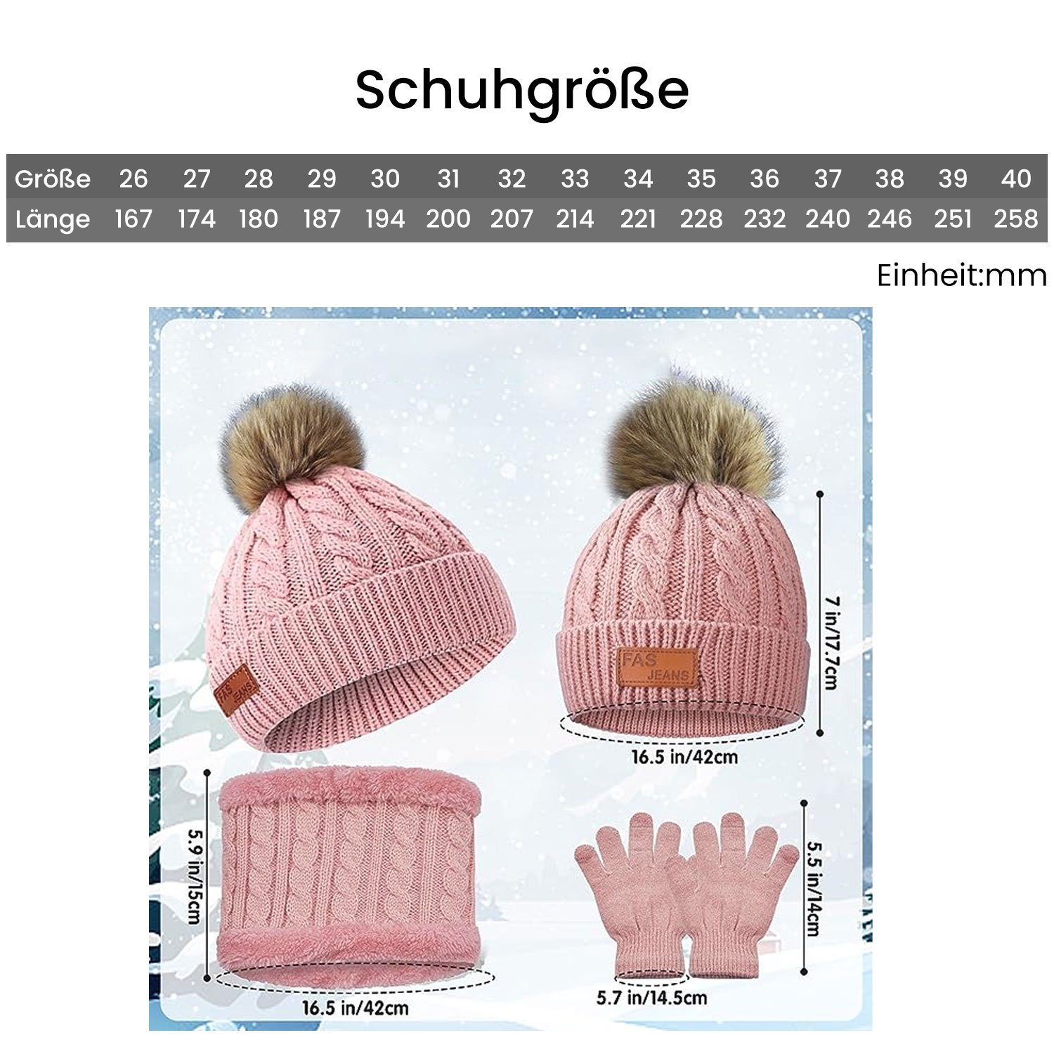 Daisred Kinder Schal Skihandschuhe Set (set) Wintermütze Handschuhe Rosa