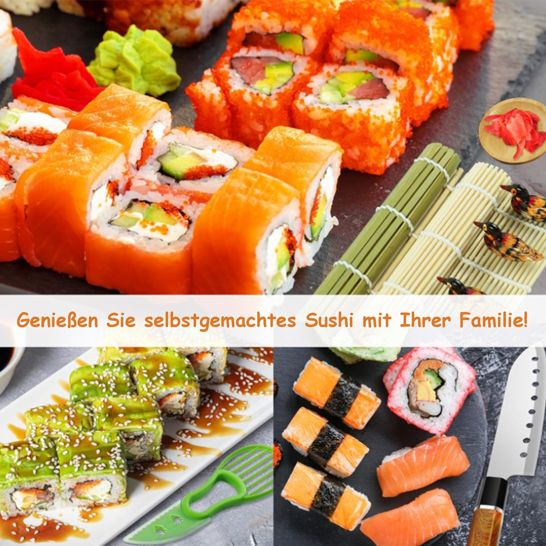KINSI Sushi-Roller Sushi-Maker Set komplett mit Bambusmatte,Sushi-Messer & Reislöffel, (11-tlg), Inkl. Reisformern für Einsteiger & Profis