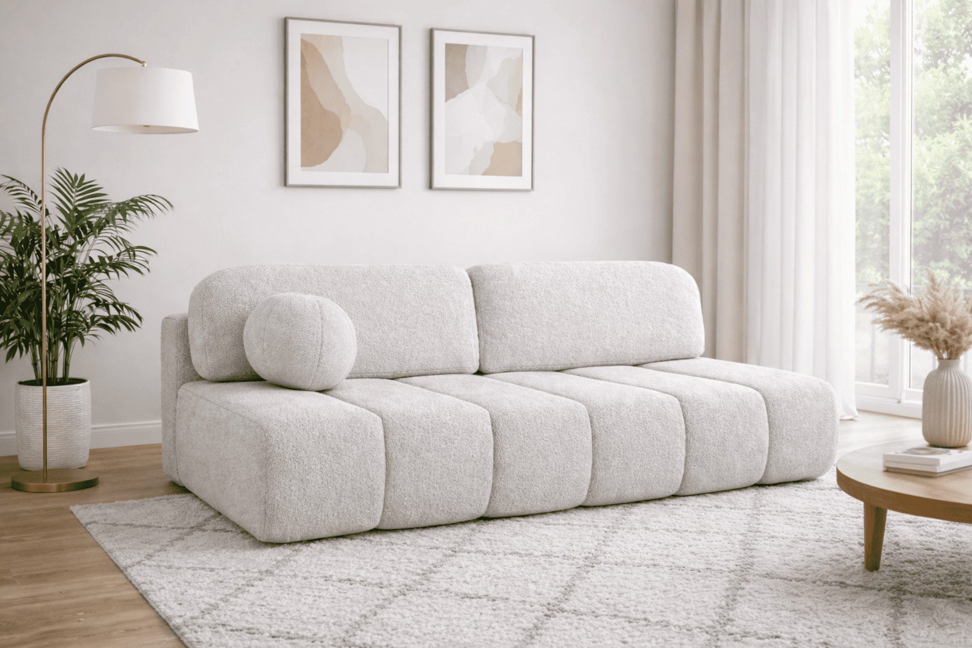 MOEBLO Sofa Fluffy aus Bouclé, Bequemes Sofa mit Schlaffunktion und Stauraum, Stilvollem Bouclé-Bezug, Couch Polstermöbel Sitzmöbel Wohnzimmermöbel 3-Sitzer-Sofa Stoffsofa, mit Relaxfunktion (BxHxT):210x88x104 cm