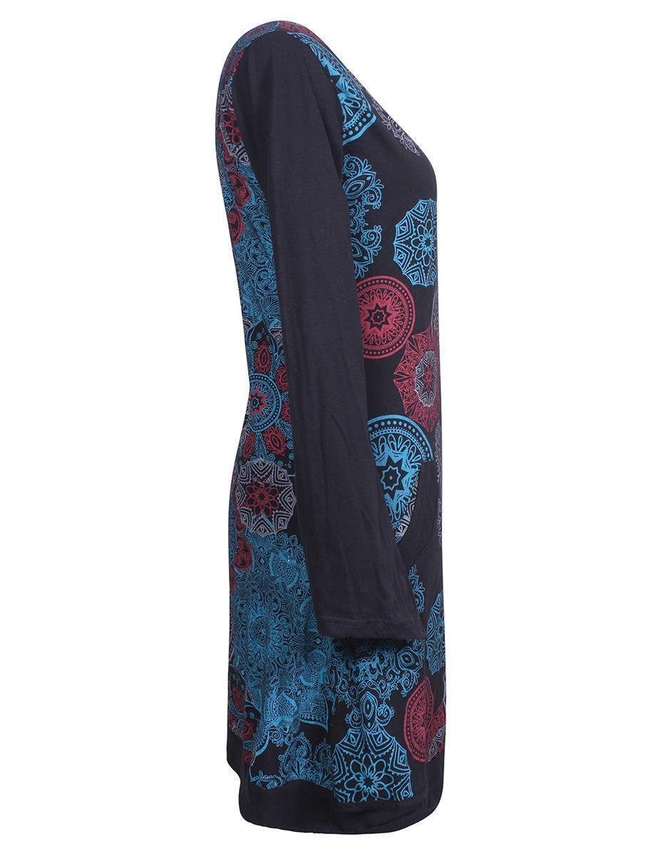 Vishes Jerseykleid Langarm Lagen-Look Hippie-Kleid schwarz Mandalas V-Ausschnitt Kleid Long Shirt