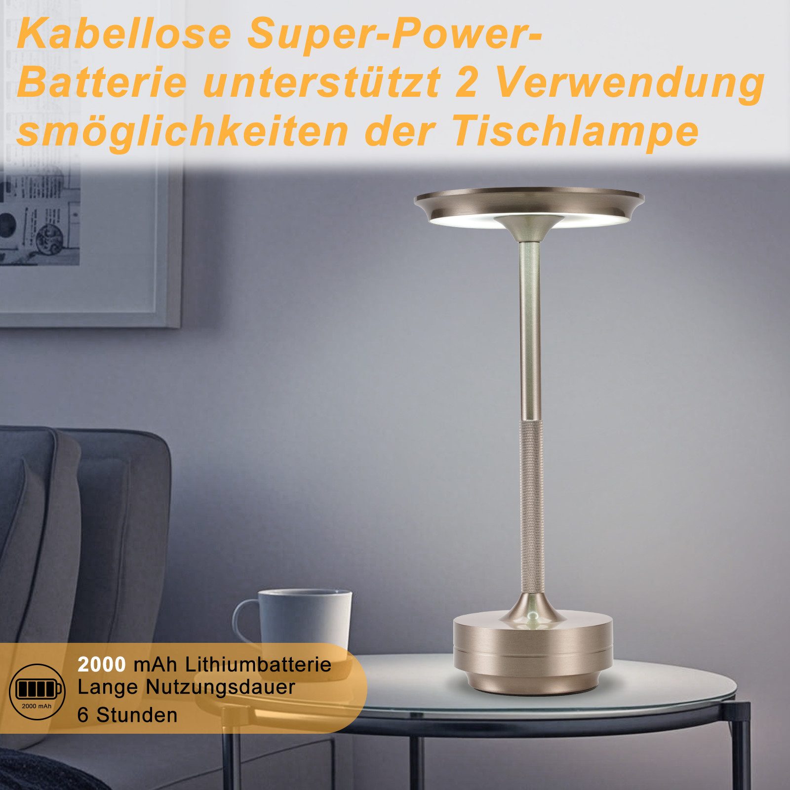 ZMH LED Tischleuchte kabellose Akku-Nachttischlampe, Dimmbar, Touch-Steuerung, 3 Lichtfarben, USB-C-aufladbar, LED fest integriert, Warmweiß, Neutralweiß, Kaltw – Bild 4 von 5