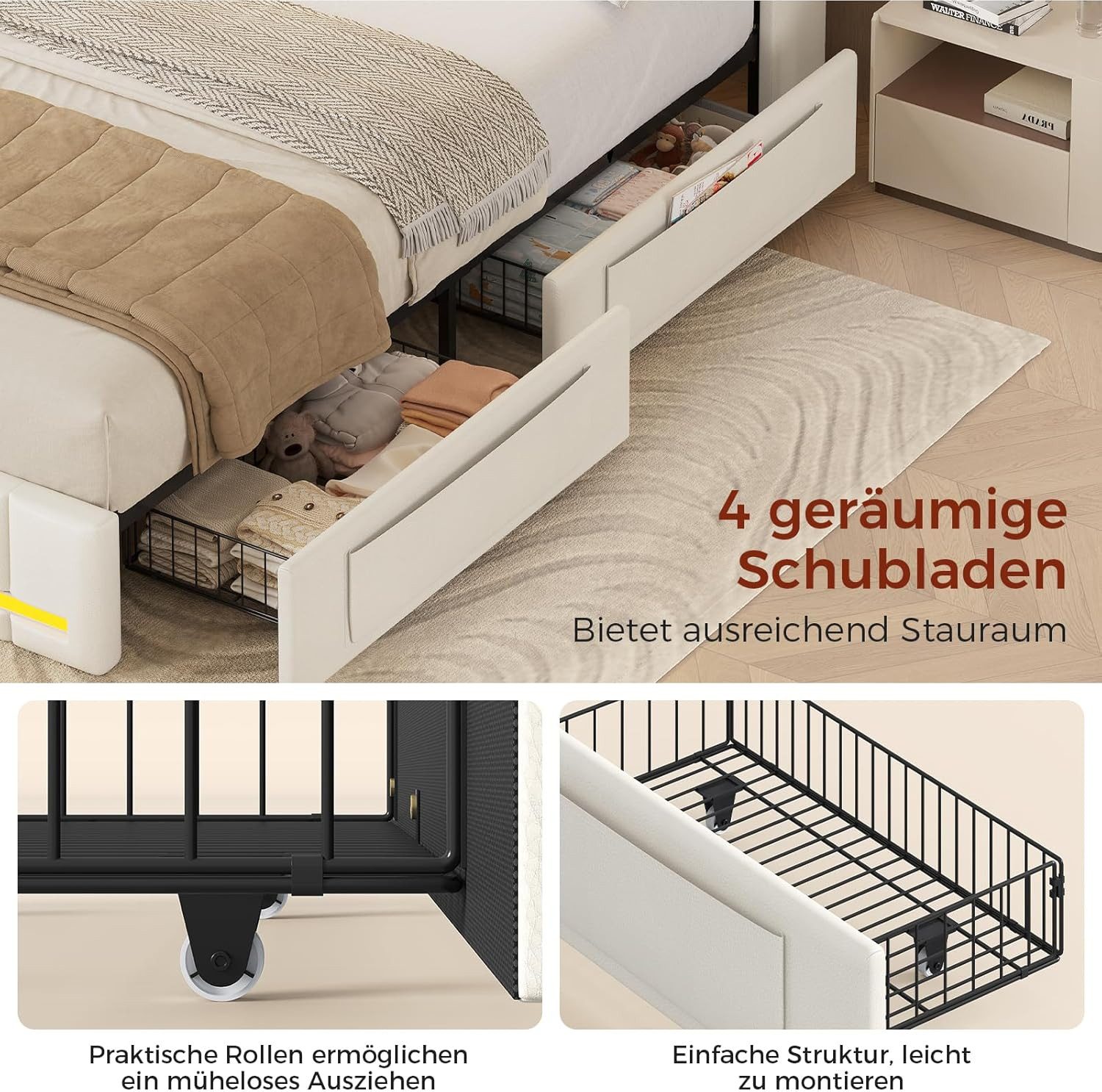 KIMENICH Polsterbett Bettgestell mit LED-Beleuchtung, 4 Schubladen, Ladestation, 140x200 cm, Weiß – Bild 4 von 5