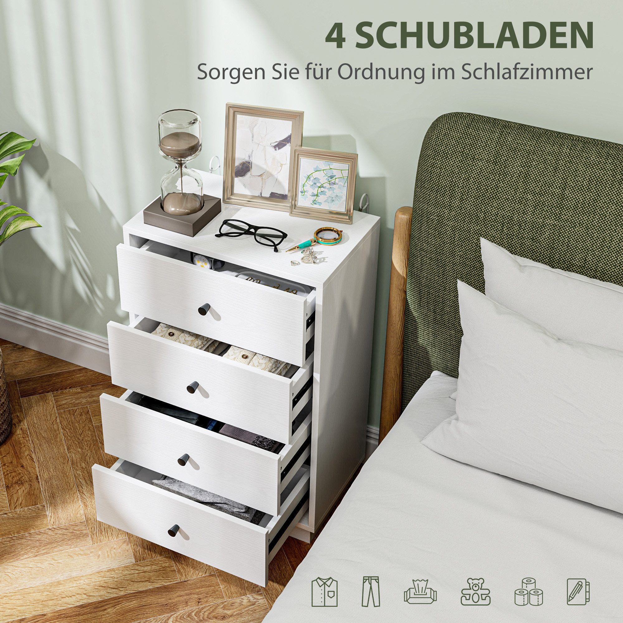 HOMCOM Kommode mit 4 Schubladen Aufbewahrungsschrank im Modern Stil Kommodenschrank (Schrank aus Holzwerkstoff, 1 St., Sideboard), für Wohnzimmer Schlafzimmer F – Bild 4 von 5