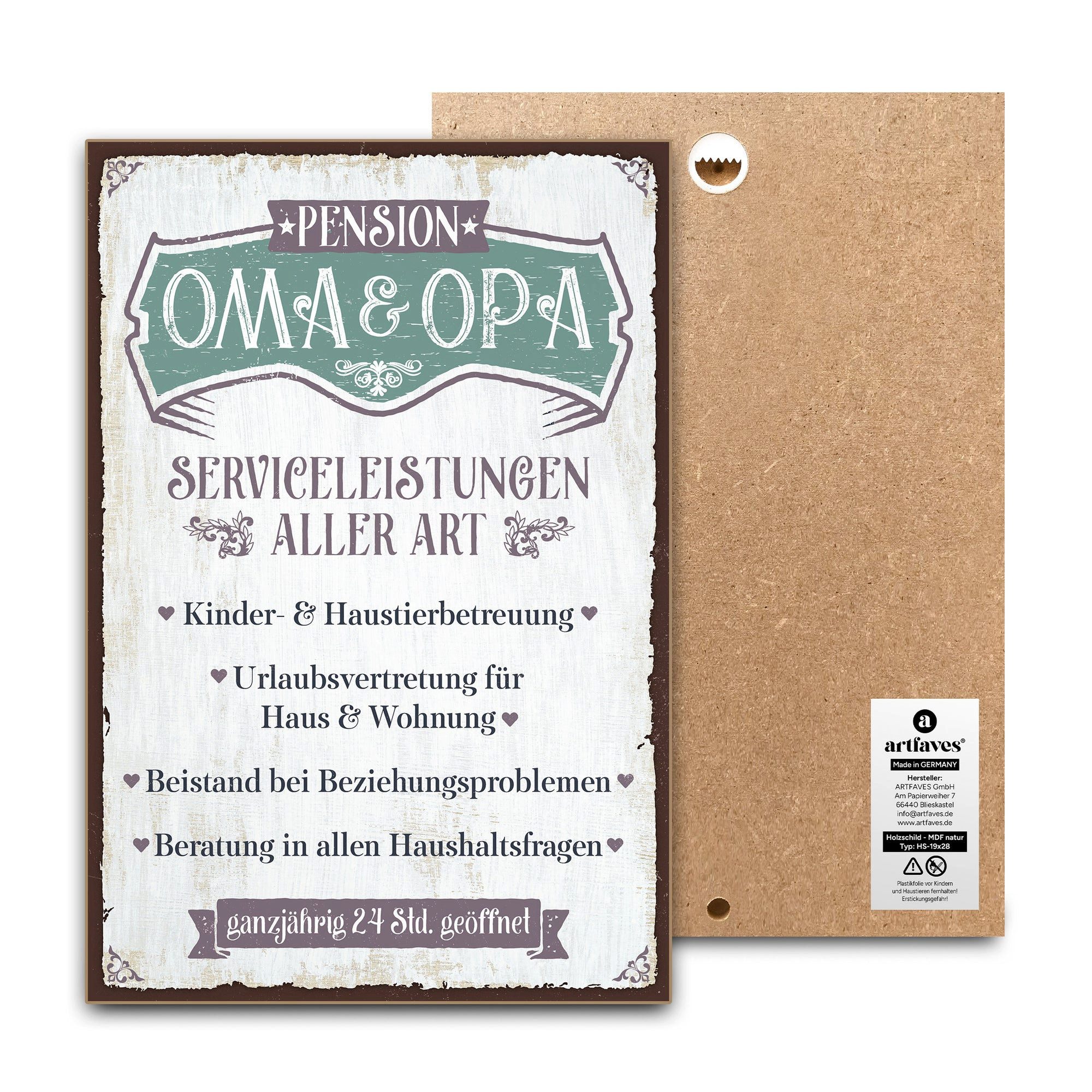 ARTFAVES Holzbild Schild mit Spruch - PENSION OMA und OPA (V2) - Familie, Großeltern