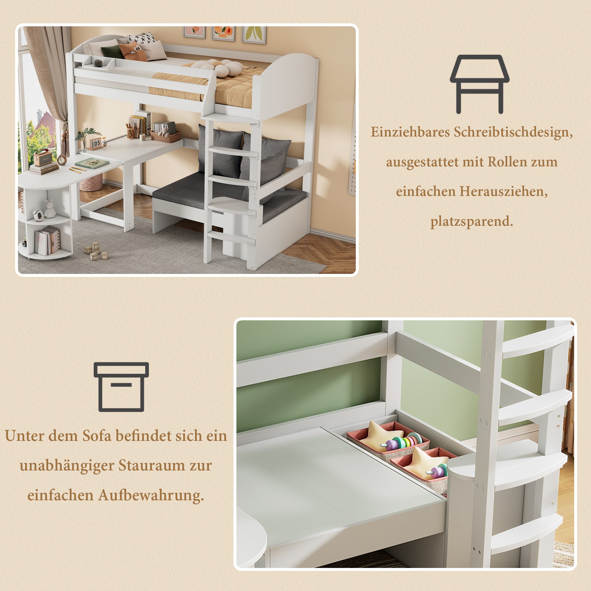 MODFU Hochbett Kinderbett mit ausziehbarem Schreibtisch (Kinderbett, Jugendbett, 1-St., 90*200, ohne Matratze, 3 Kissen, 1 Polster, Lagerregale) mit Aufbewahrung und Sitzbereich