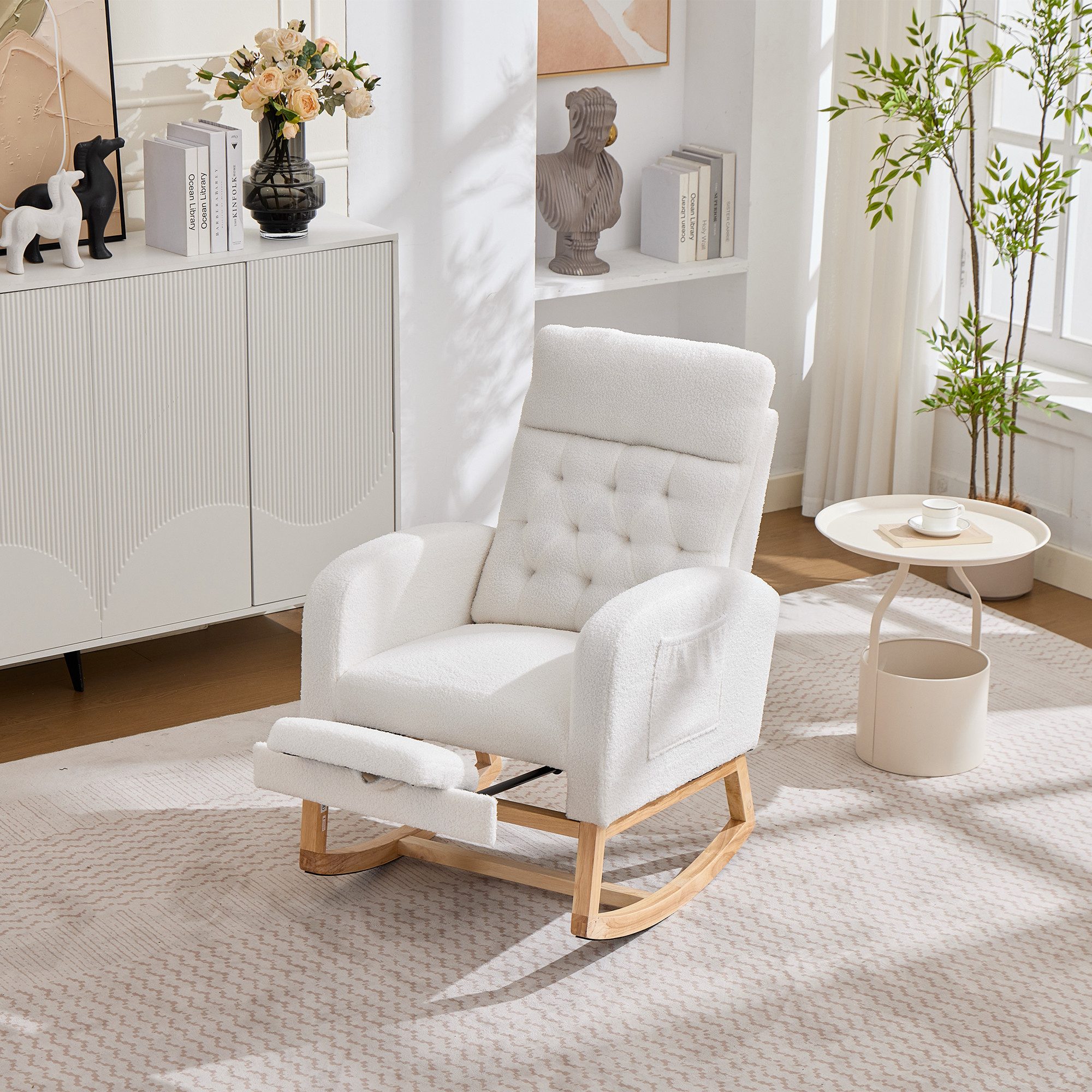 HAUSS SPOLE Schaukelstuhl mit verstellbarer Fußstütze,Wohnzimmer Relaxsessel mit Seitentaschen (Wohnzimmer-Sessel Polsterschaukelstuhl mit ausziehbarer Fußstütze), 65.6x123x102cm mit Boucléstoff