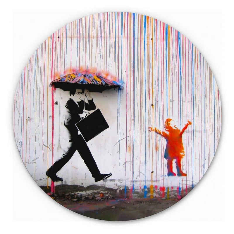 K&L Wall Art Gemälde »Alu-Dibond Poster Rund Coloured Rain Graffiti Straßenkunst Regen Banksy«, Metalloptik Wandbild