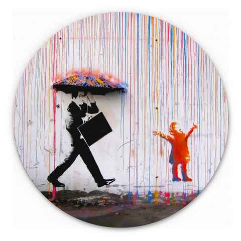 K&L Wall Art Gemälde Metallposter Rund Coloured Rain Graffiti Straßenkunst Banksy, Metalloptik Wandbild Ø 30cm