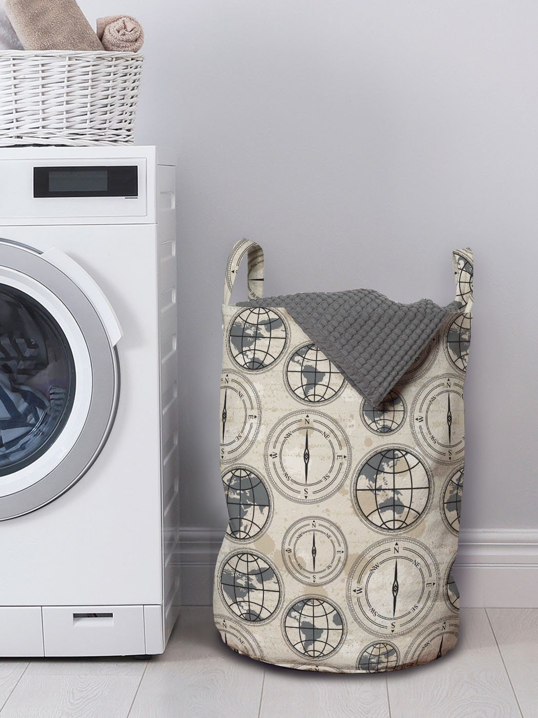 Abakuhaus Wäschesäckchen Wäschekorb mit Waschsalons, Muster Kompass für Griffen Kontinente Kordelzugverschluss