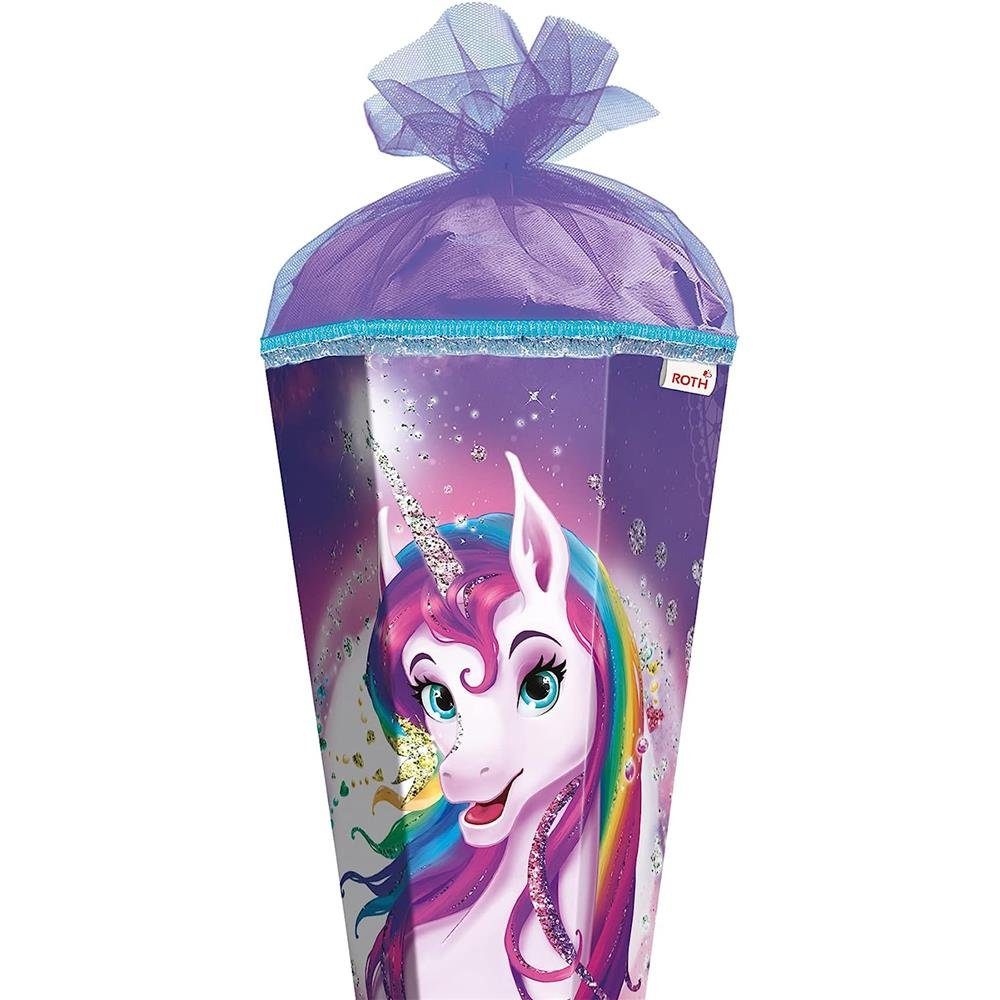 Roth Schultüte Einhornportrait mit Glitzer, 85 cm, eckig, lilafarbiger Tüllverschluss, Zuckertüte für Schulanfang