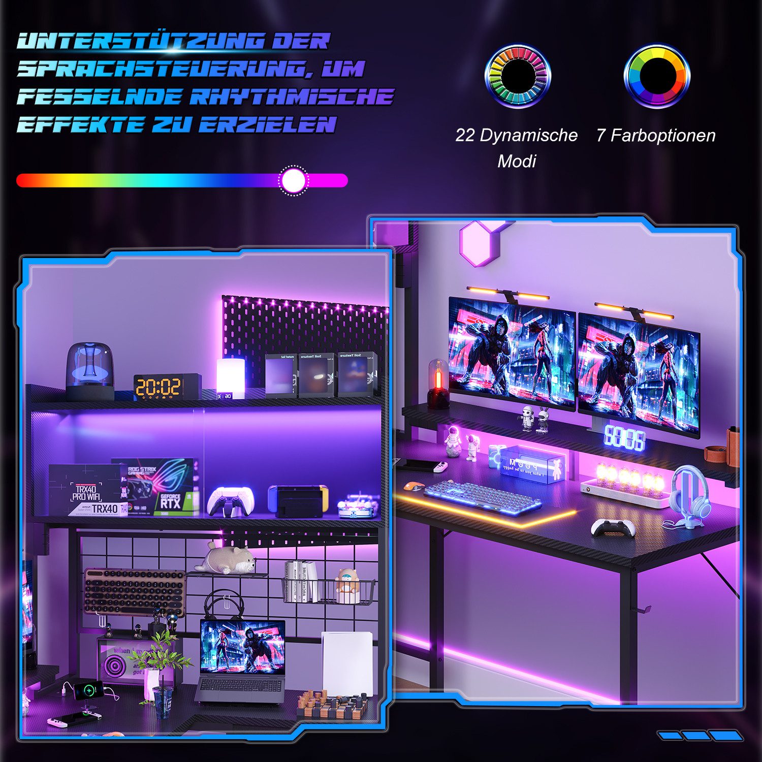 HOMALL Schreibtisch L-förmiger Gamingtisch mit Regal, LED-Leuchten, Steckdose & Schubladen (Maße: 115 cm, mit Vitrine, 4 Stoffschubladen und Haken, links oder r – Bild 5 von 5