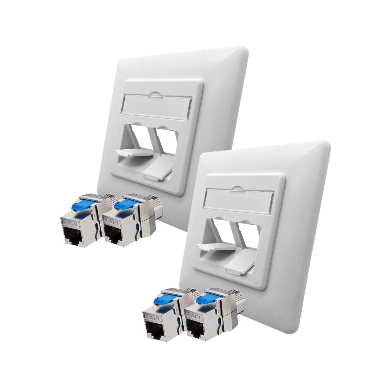 ARLI 2x Cat8.1 Netzwerkdose 2 Port (Anschlussrahmen + 4x Keystone CAT8.1) Netzwerk-Adapter RJ45 zu Dose, Zum Einbau in Modular- Verteilerfelder und Keystone- Anschlussdosen