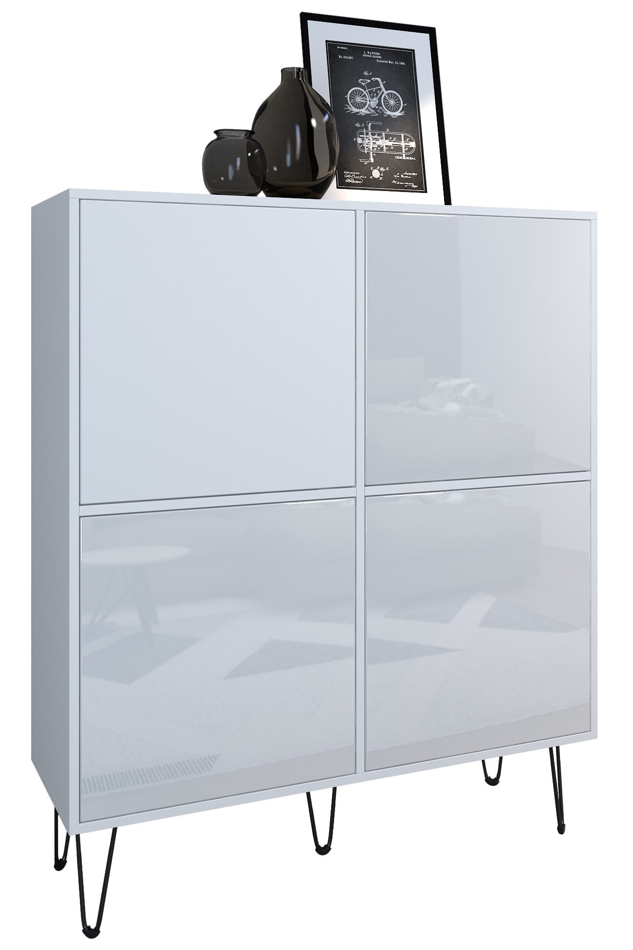 Vladon Highboard Havana V2 (Sideboard mit 4 Türen und 8 geschlossenen Fächern, Kommode Made in Germany), Weiß matt / Weiß matt (104 x 124 x 35 cm)
