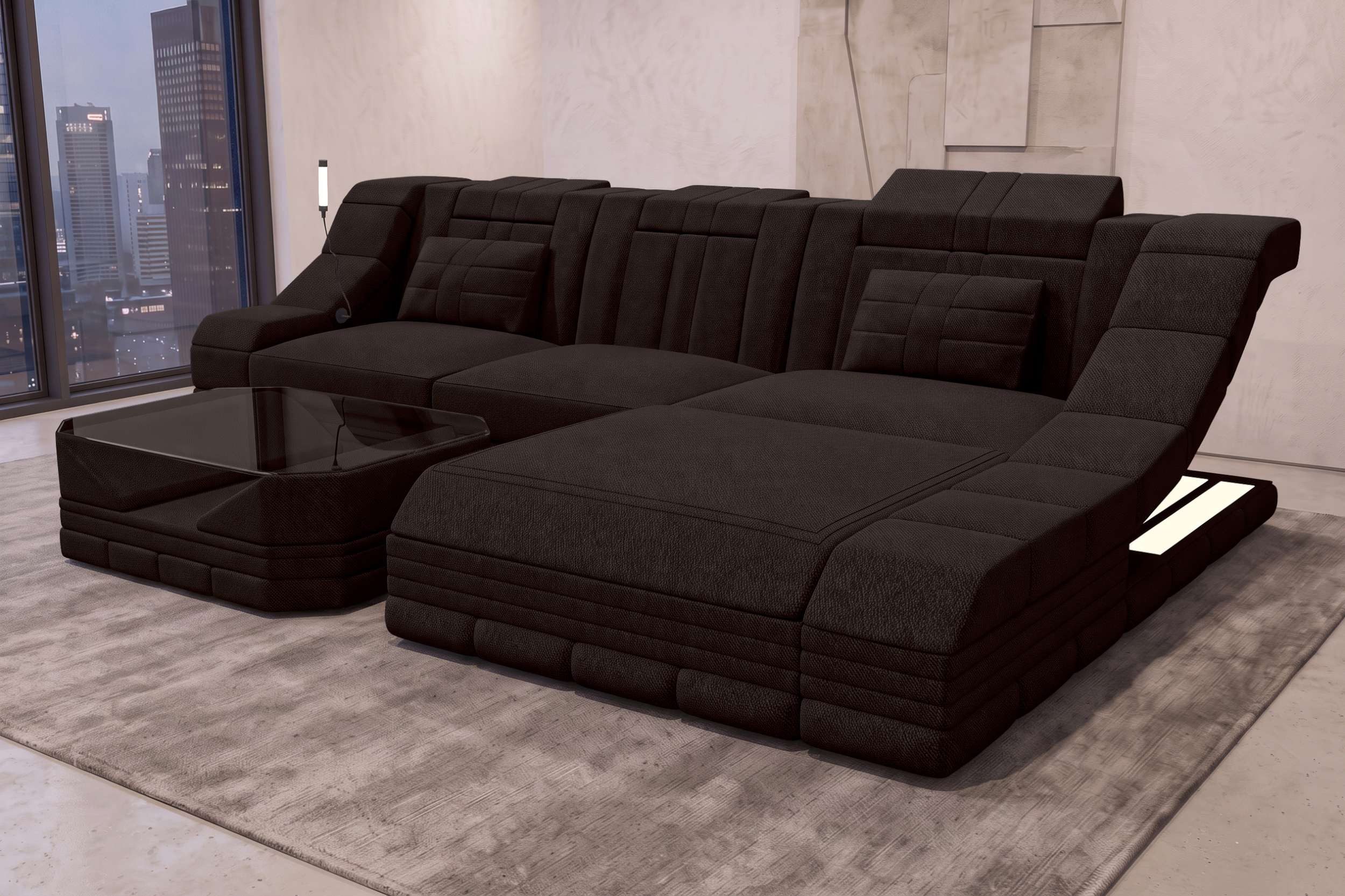 Sofa Dreams Ecksofa Ecksofa Turino L Form Stoffsofa, Ecksofa, L-Form, mit LED, ausziehbare Bettfunktion, Designersofa