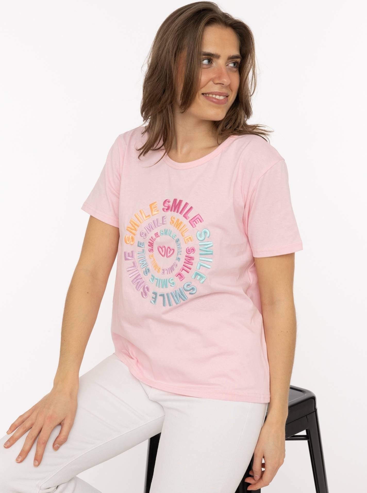 Zwillingsherz T-Shirt "Smile" Farbenfrohe runde Stickerei, Rundhals, kurzarm