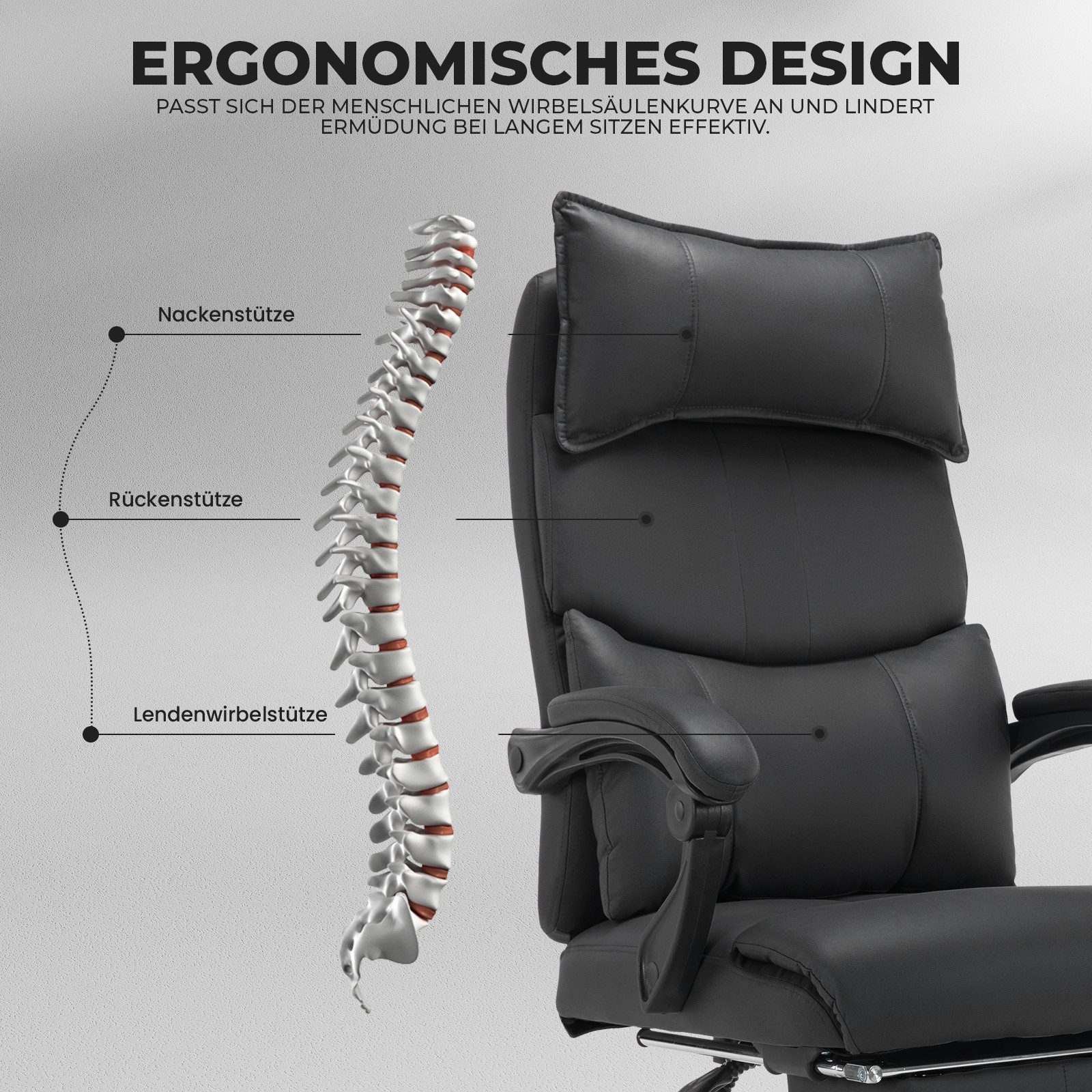 SeedWave Bürostuhl Ergonomischer Bürostuhl mit Fußstütze, Kopfstütze und Lendenstütze, Chefsessel bis 150 kg belastbar, 145° Verstellbare Rückenlehne