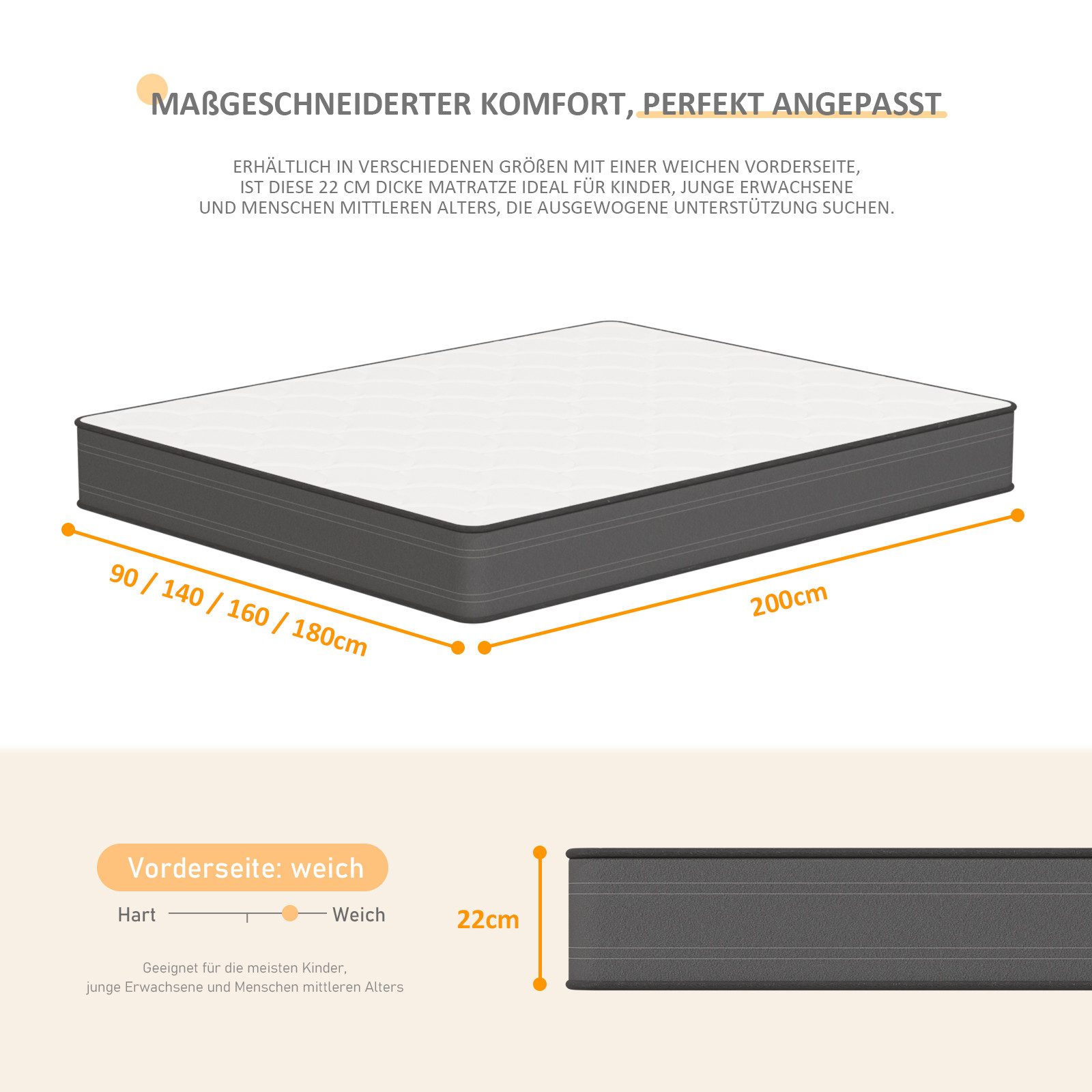 Taschenfederkernmatratze 22 cm – 7-Zonen Matratze mit Komfortschaum und sta günstig online kaufen
