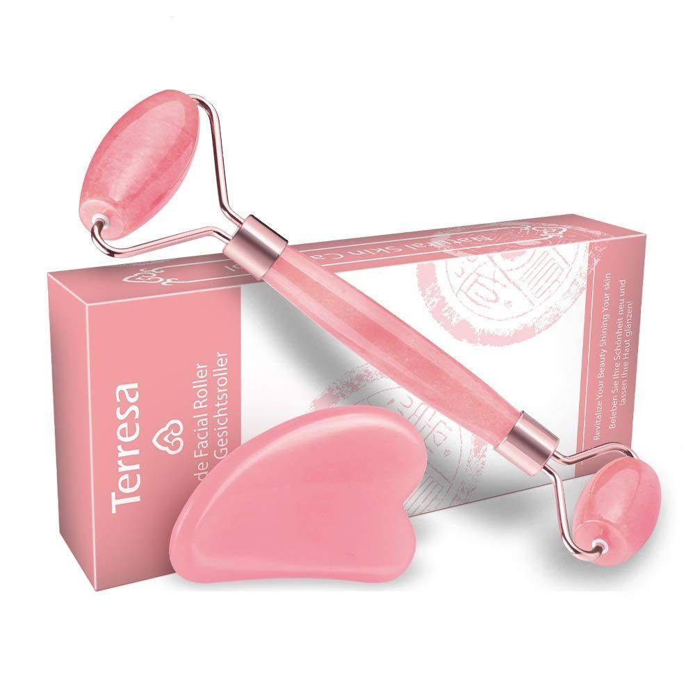 Daskoo Gesichtsmassagegerät Jade Roller Set Jade Face Roller Massagegerät Gua Sha, Gesichtsmassage Anti Aging Anti Falten Pink