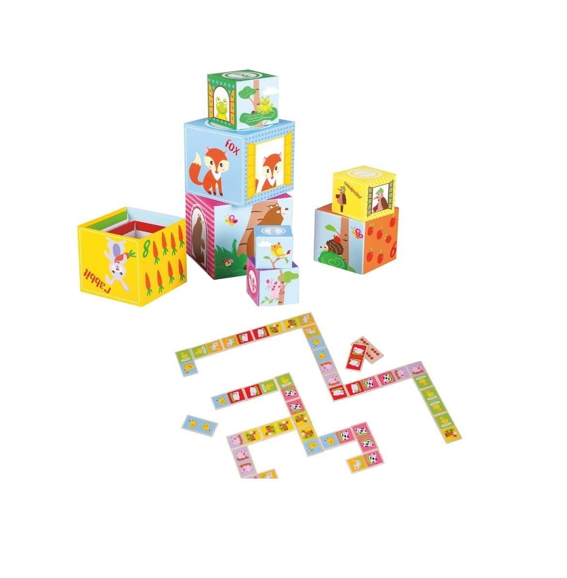 Lelin Lernspielzeug Holz - Domino / Legespiel und Stapelturm "Tiere" mit 10 Stapelblöcken, Set aus Domino / Legespiel und Stapelturm "Tiere"