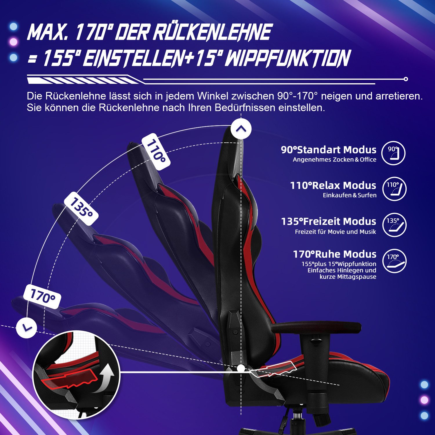 Hiazurm Gaming-Stuhl Gaming Stuhl, Bürostuhl Ergonomisch, Gaming Chair (Ergonomischer Gamer Stuhl mit Wippfunktion, bis 150 kg Belastbarkeit), Gaming Stuhl Bürostuhl mit Verstellbare Armlehnen, Kopfstütze