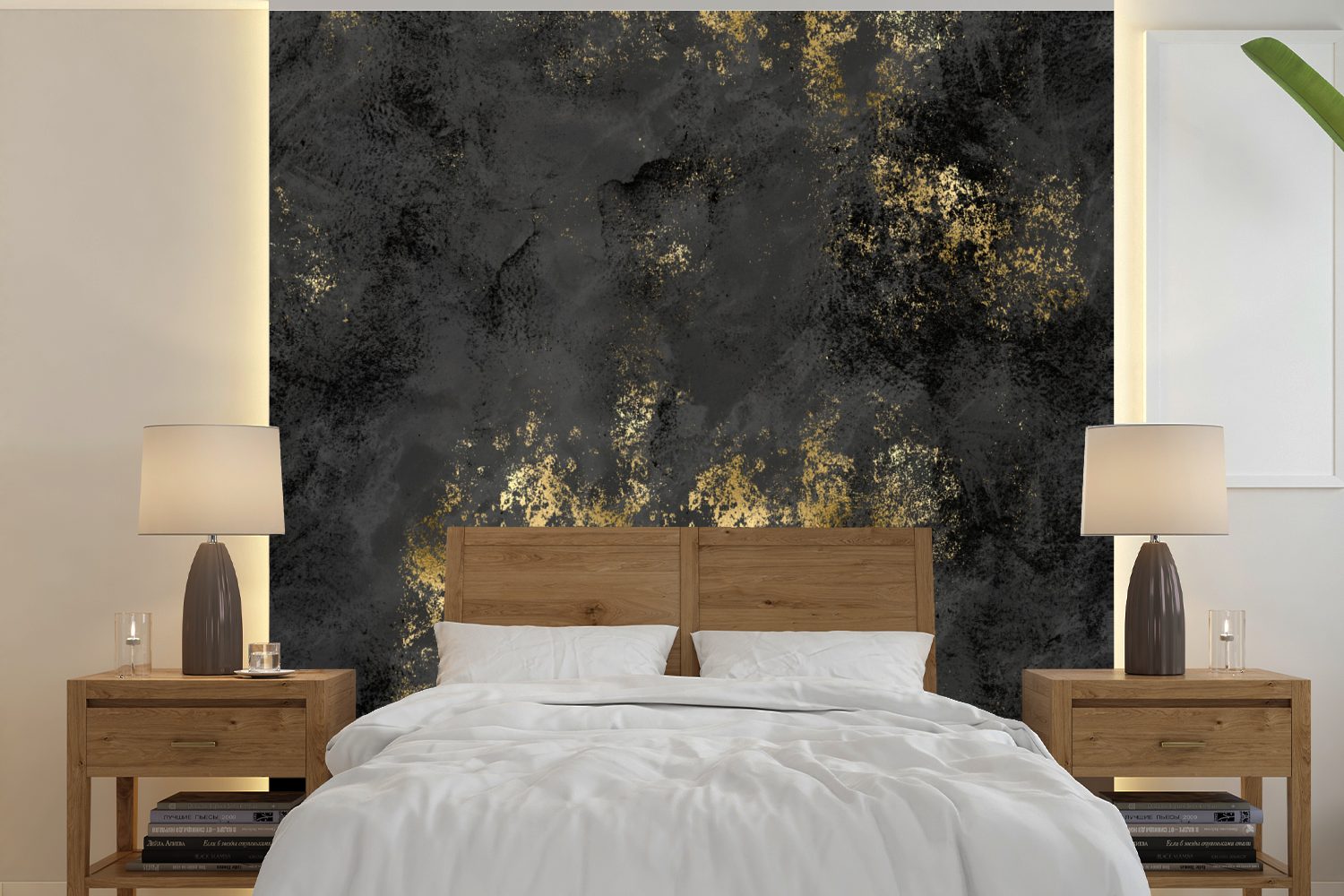 Wandtapete Gold Wohnzimmer Textur Schlafzimmer, MuchoWow St), oder bedruckt, für (5 Tapete - Vinyl Fototapete - Schwarz, Matt,
