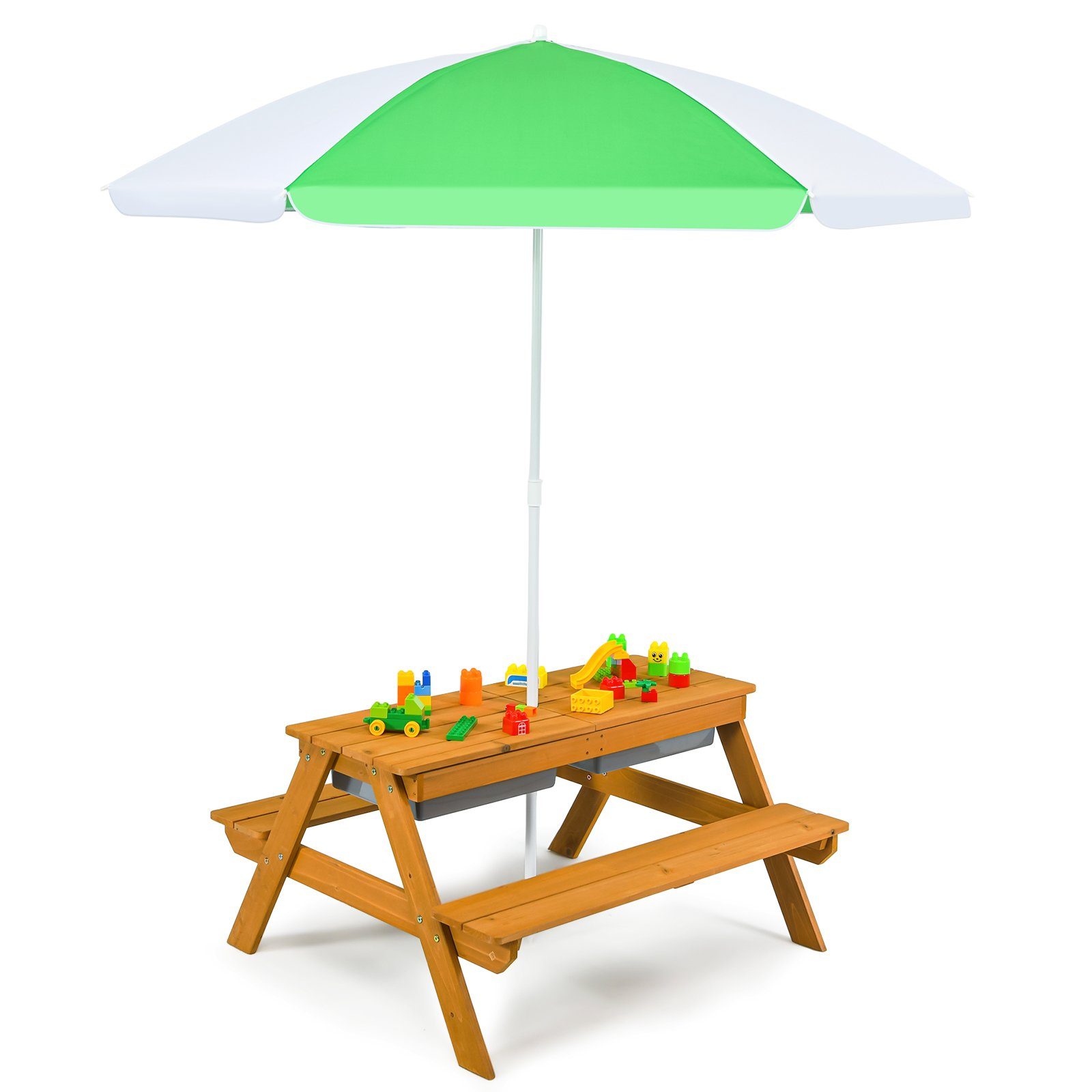 COSTWAY GartenKindersitzgruppe, aus Holz, mit Sonnenschirm & Bänke
