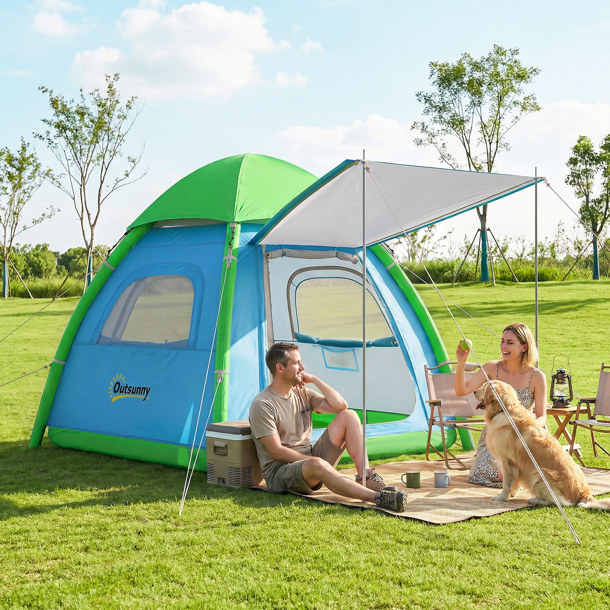 Outsunny aufblasbares Zelt Outdoor mit Luftpumpe Meshfenster abnehmbar Dach fluoreszierend, Personen: 3 (Camping Zelt, 1 tlg., Air Glamping Zelte), Hellblau