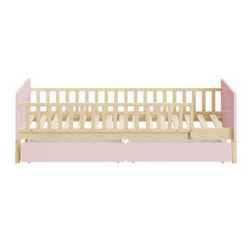 IDEASY Kinderbett Kinderbett 90x190, mit 2 Schubladen, Einzelbett aus Massivholz, weiß/rosa, abgerundete Kanten, 20 cm über dem Boden