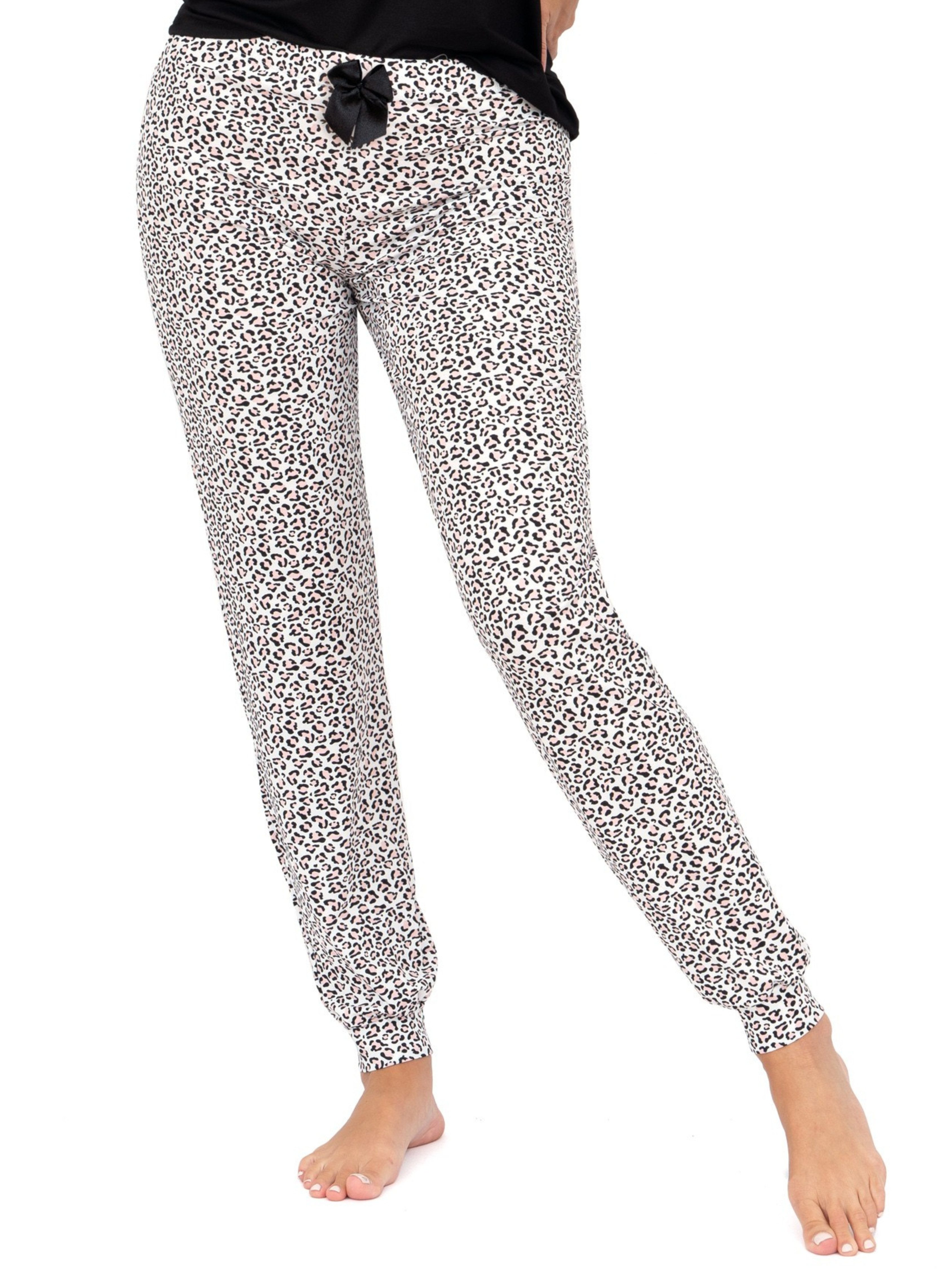 Donna Pyjama langarm Schlafanzug mit Motivdruck (2 tlg., 1 Stück) Schlafhose mit Leo-Print & passendem Basic-Shirt, Reine Baumwolle