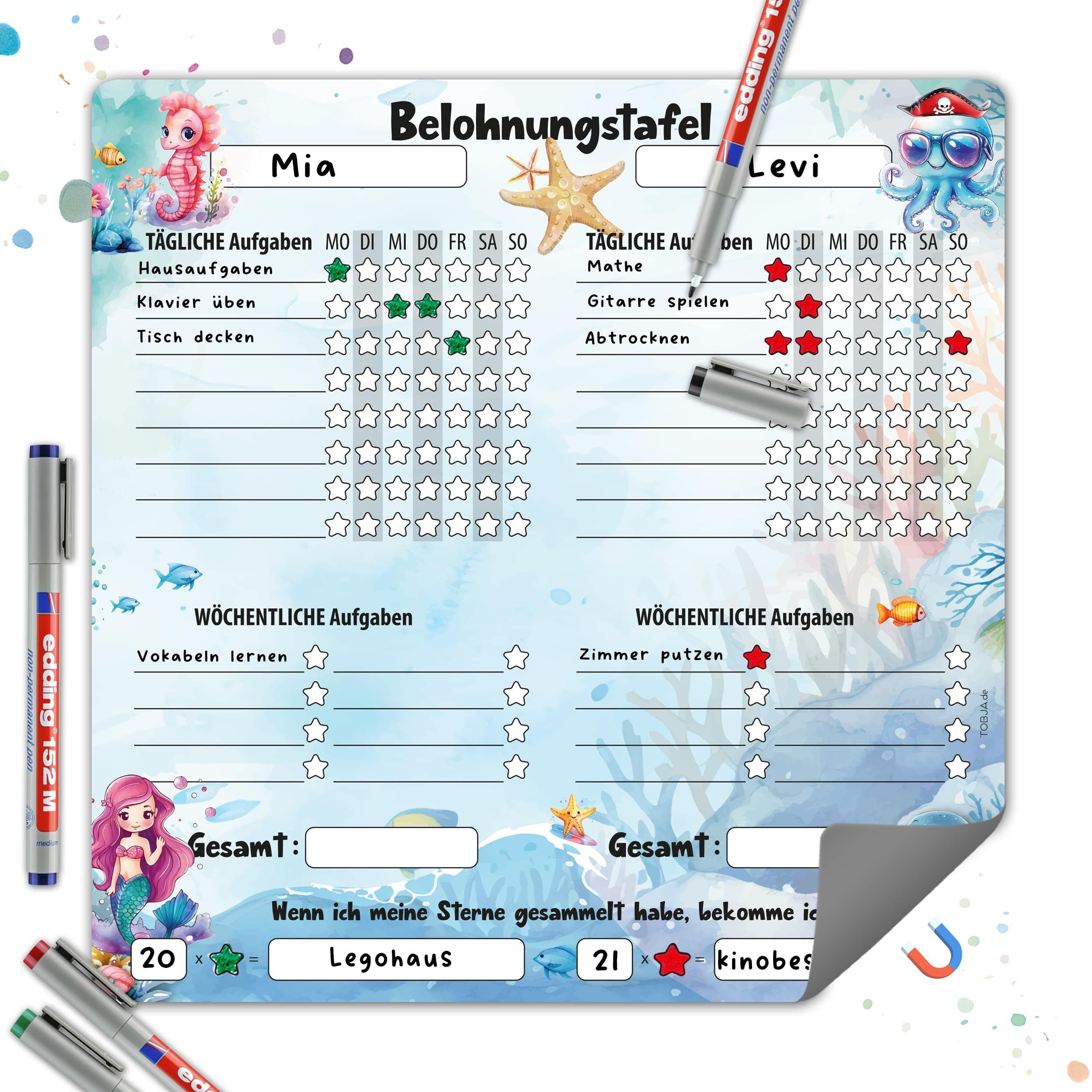 TOBJA Magnettafel Magnetische Belohnungstafel XL 2 Kinder Meerjungfrau 4Stifte, Routine Planer Kinder 30x30 cm, abwischbar