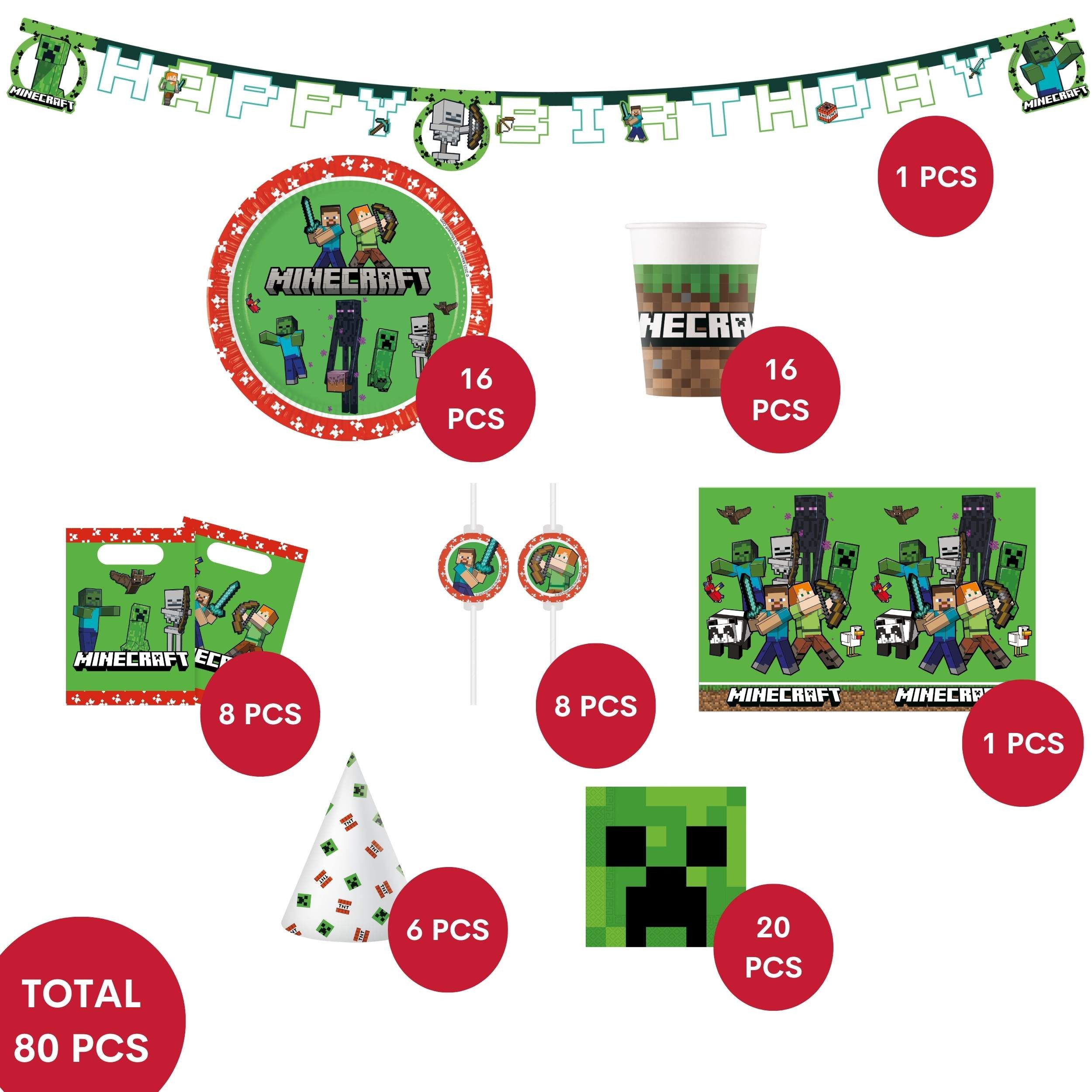Procos Einweggeschirr-Set 76-tlg. Minecraft Party Set für Kindergeburtstag, 16 Personen