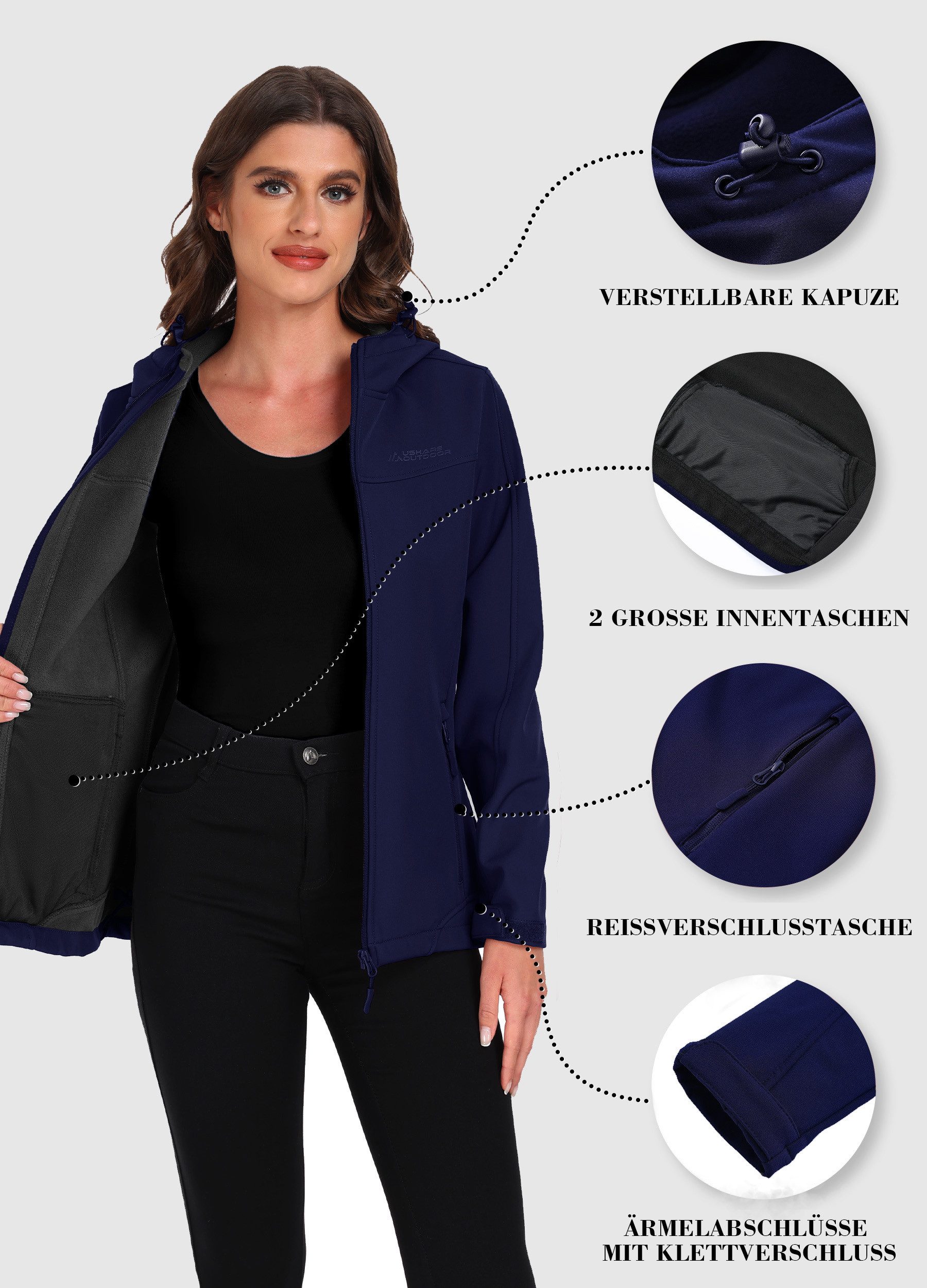 ATLASLAVA Softshelljacke Damen Wasserdichte Übergangsjacke Atmungsaktive Regenjacke Winddichte Jacke Gefüttert Kapuze für Outdoor Wandern – Bild 5 von 5