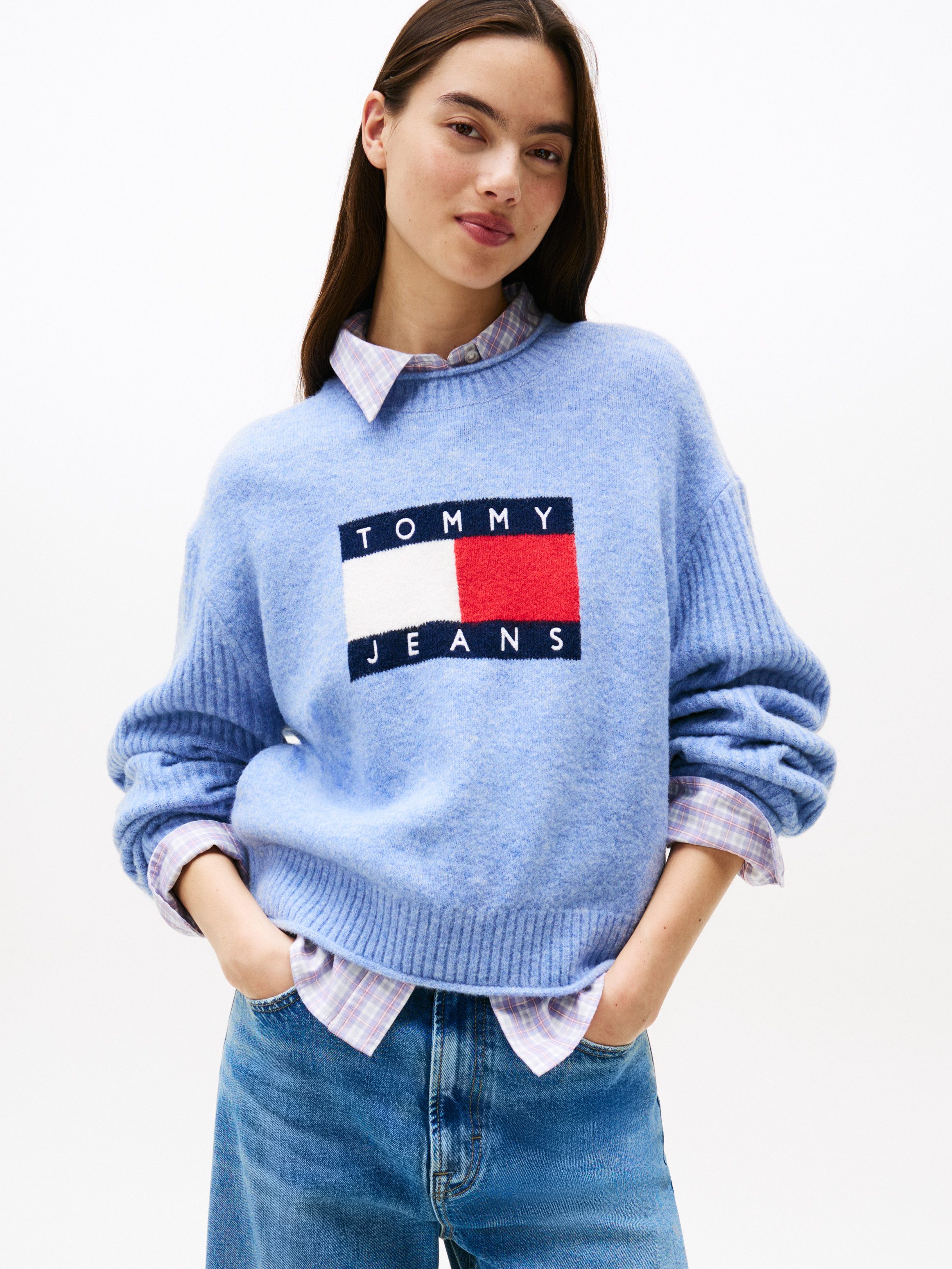 Tommy Jeans Strickpullover TJW MELANGE FLAG SWEATER RIB EXT in gerippter St günstig online kaufen