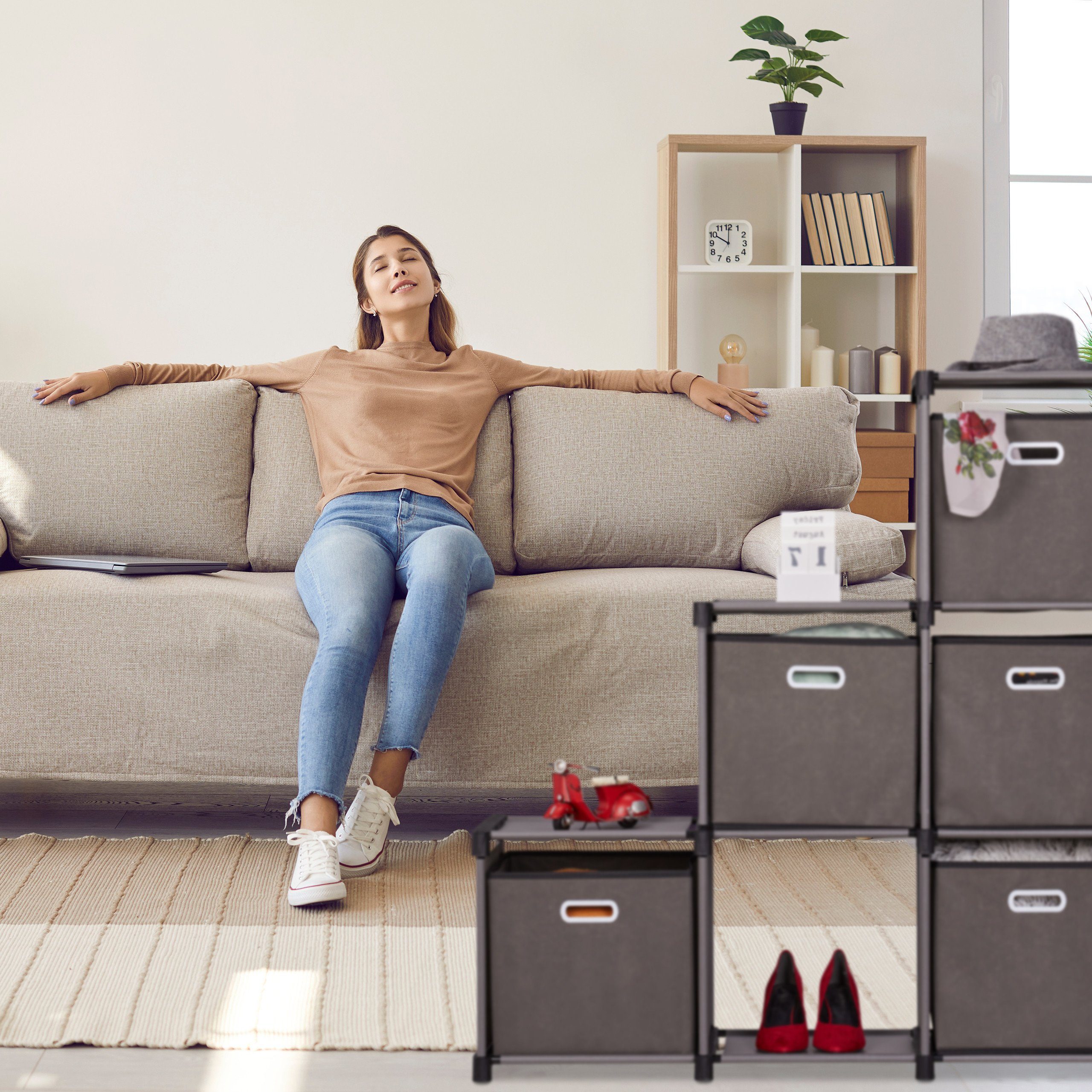 relaxdays Stufenregal Graues Stufenregal mit 6 Fächern