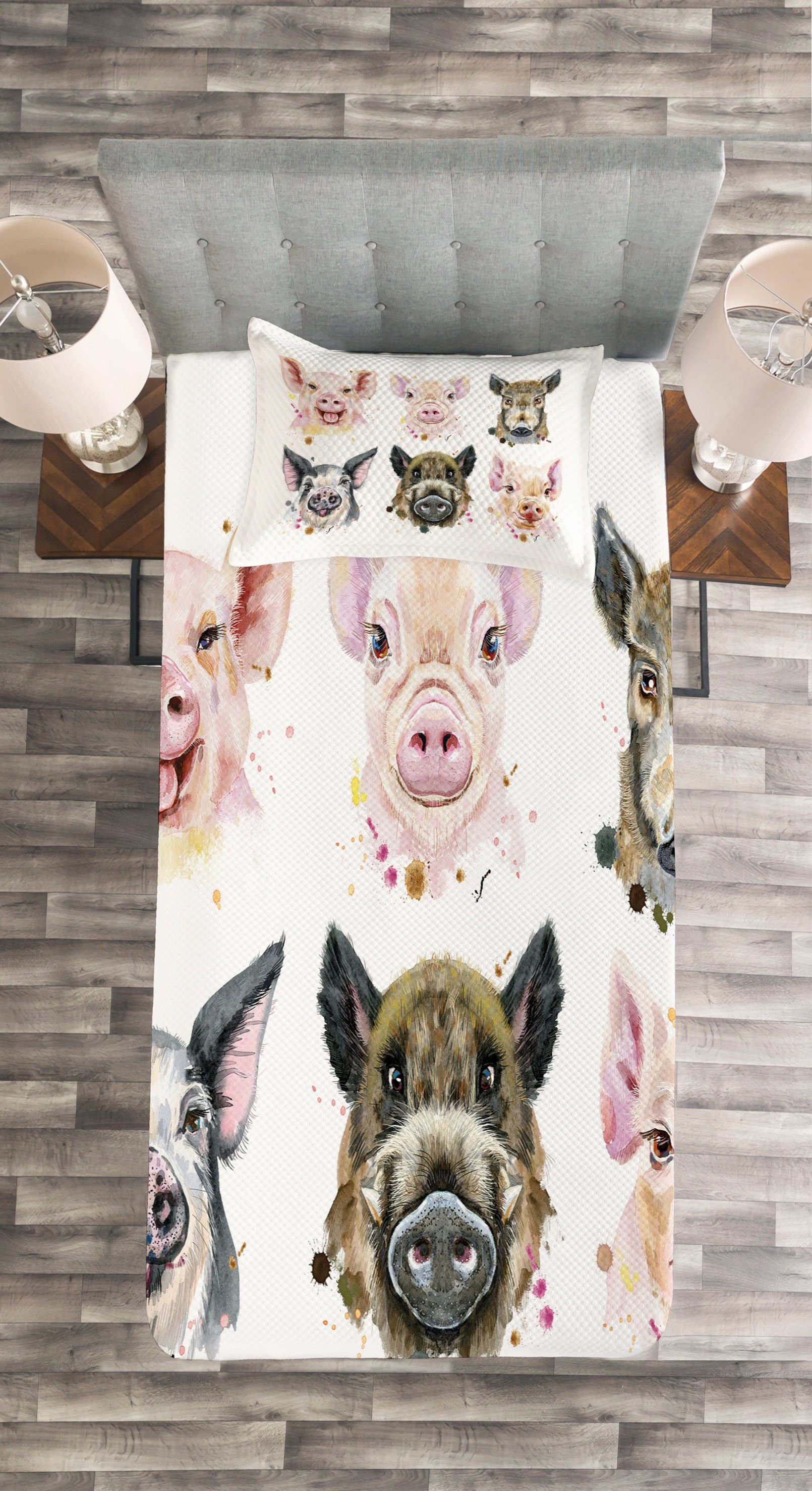 Schweinerassen Bauernhoftier Abakuhaus, Waschbar, mit Tagesdecke Set Kissenbezügen