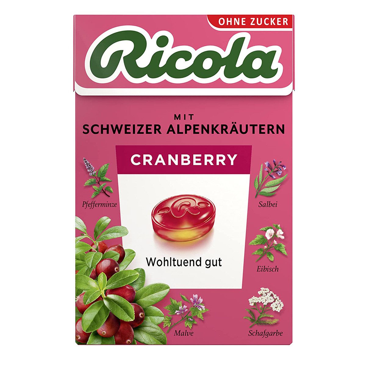 RICOLA Süßigkeit, Ricola Cranberry ohne Zucker mit Schweizer Alpenkräutern Böxli 50g