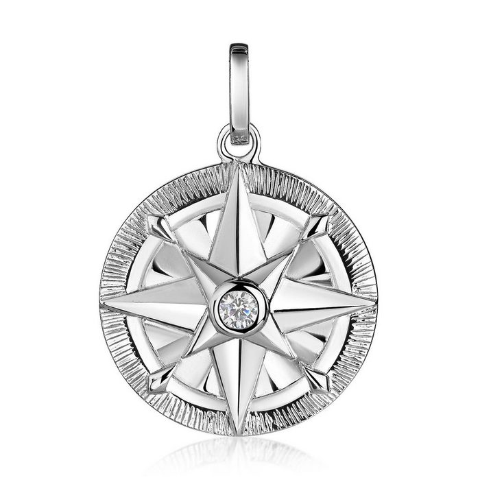 Materia Kettenanhänger Damen Silber Kompass Windrose Zirkonia Weiß KA-512 925 Sterling Silber rhodiniert