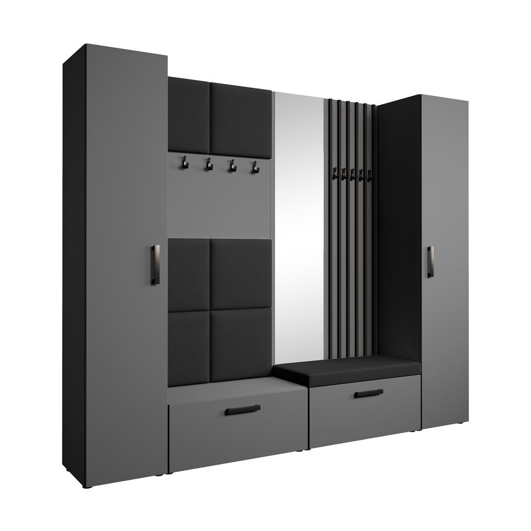 Beautysofa Garderobenschrank mit gepolsterten Paneelen und Spiegel MARGARET XL (zwei praktische Schuhschränke und zwei komfortable Kleiderschränke mit Kleiderstangen) mit dekorative Lamellen und praktischen Kleiderhaken