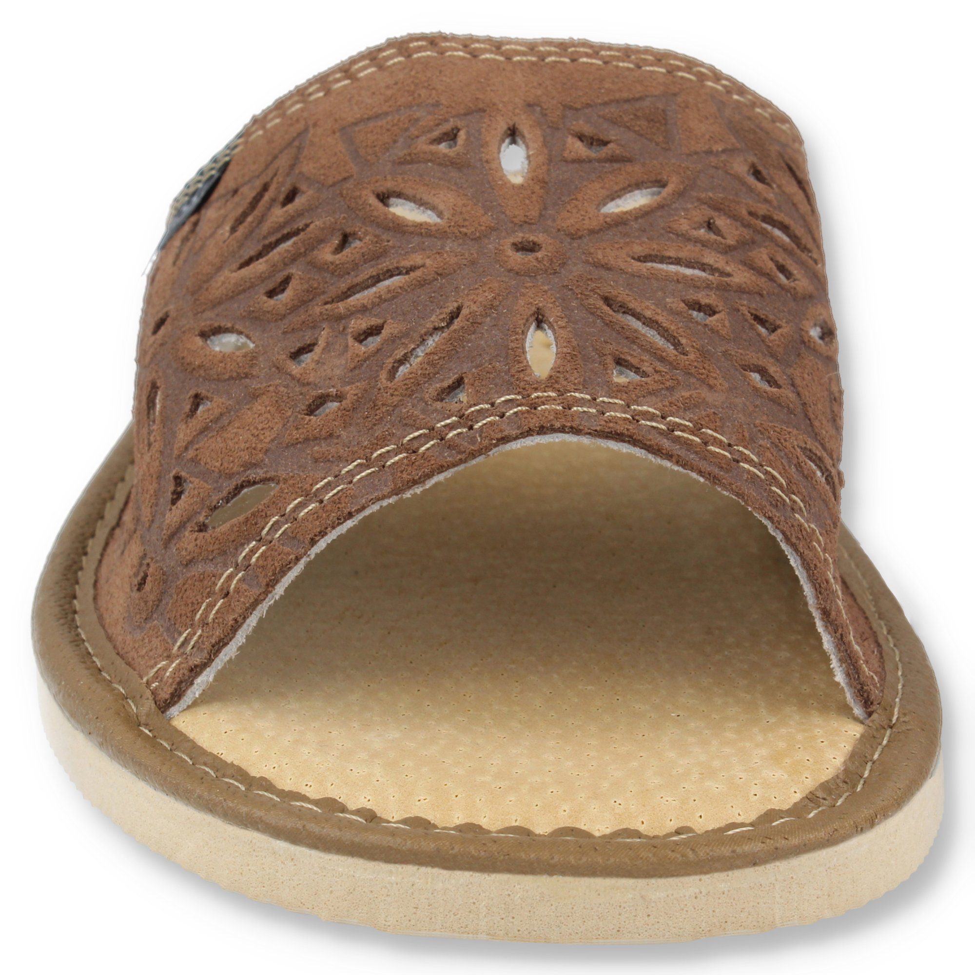 filsko Zafra Damen Hausschuh Veloursleder mit Blumenmuster, offene Pantoletten, Slip-On