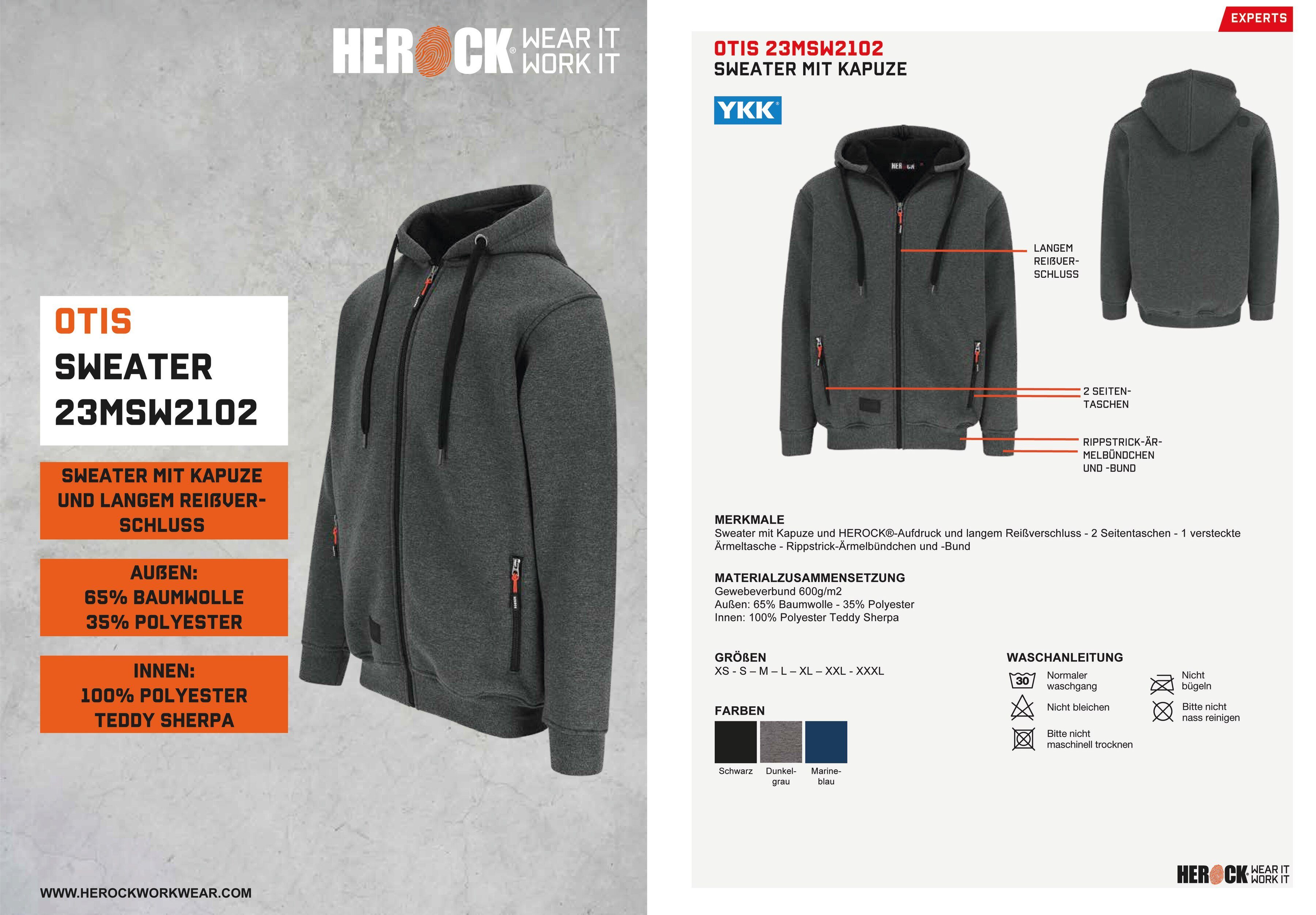 Reißverschluβ, Kapuze, angenehm langem grau Sweater Herock Mit und warm HEROCK®-Aufdruck, OTIS