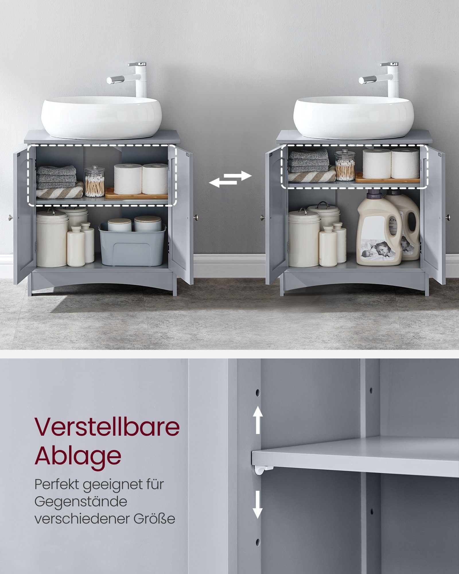 VASAGLE Waschbeckenunterschrank Waschtischunterschrank viel Stauraum mit 2 Türen, 30 x 60 x 60 cm, verstellbare Ablage, modern – Bild 4 von 5