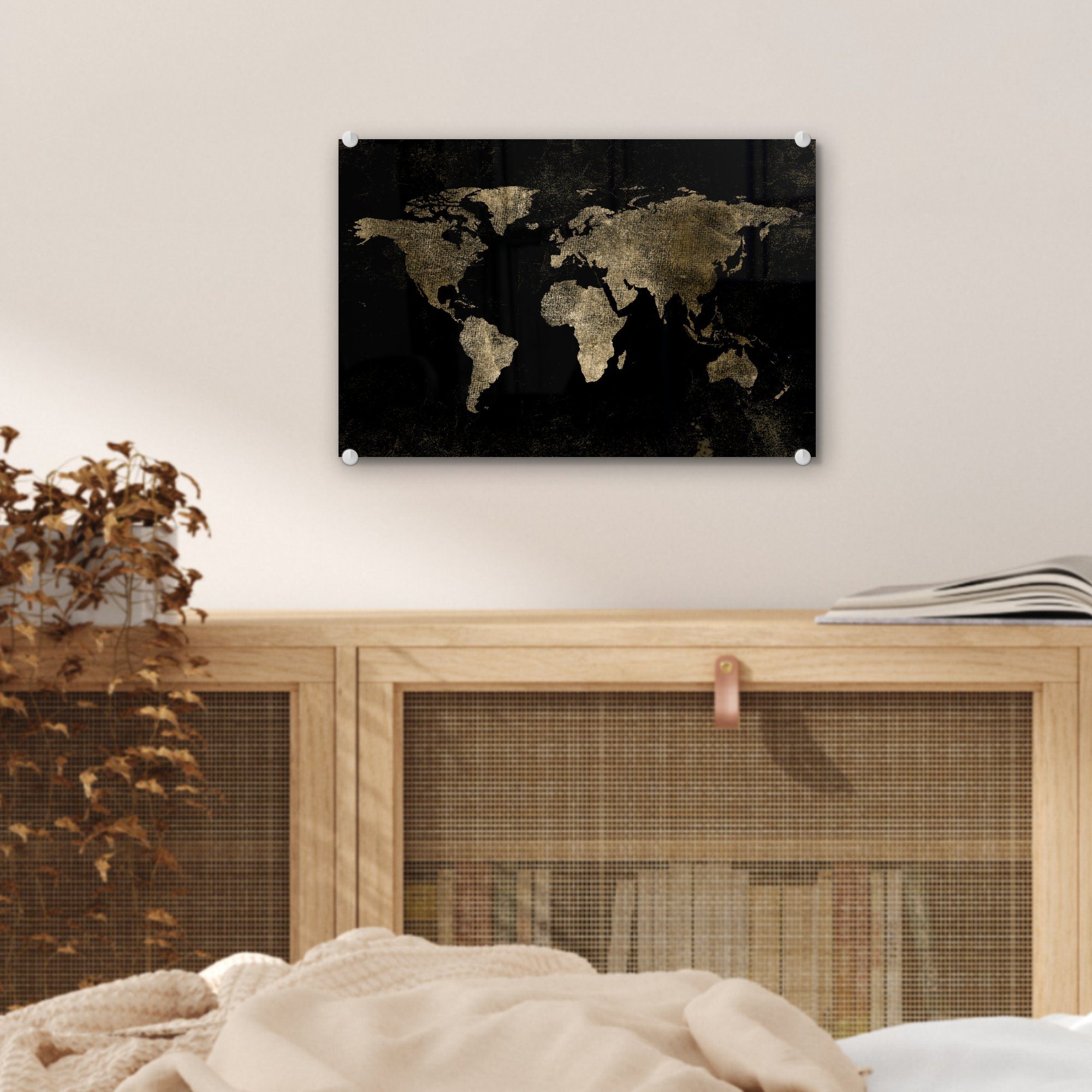 Schwarz Weltkarte (1 auf MuchoWow - Acrylglasbild Weltkarte Gold, Glas Foto - Glasbilder - Glas Gold Wandbild Bilder St), - - Wanddekoration auf -