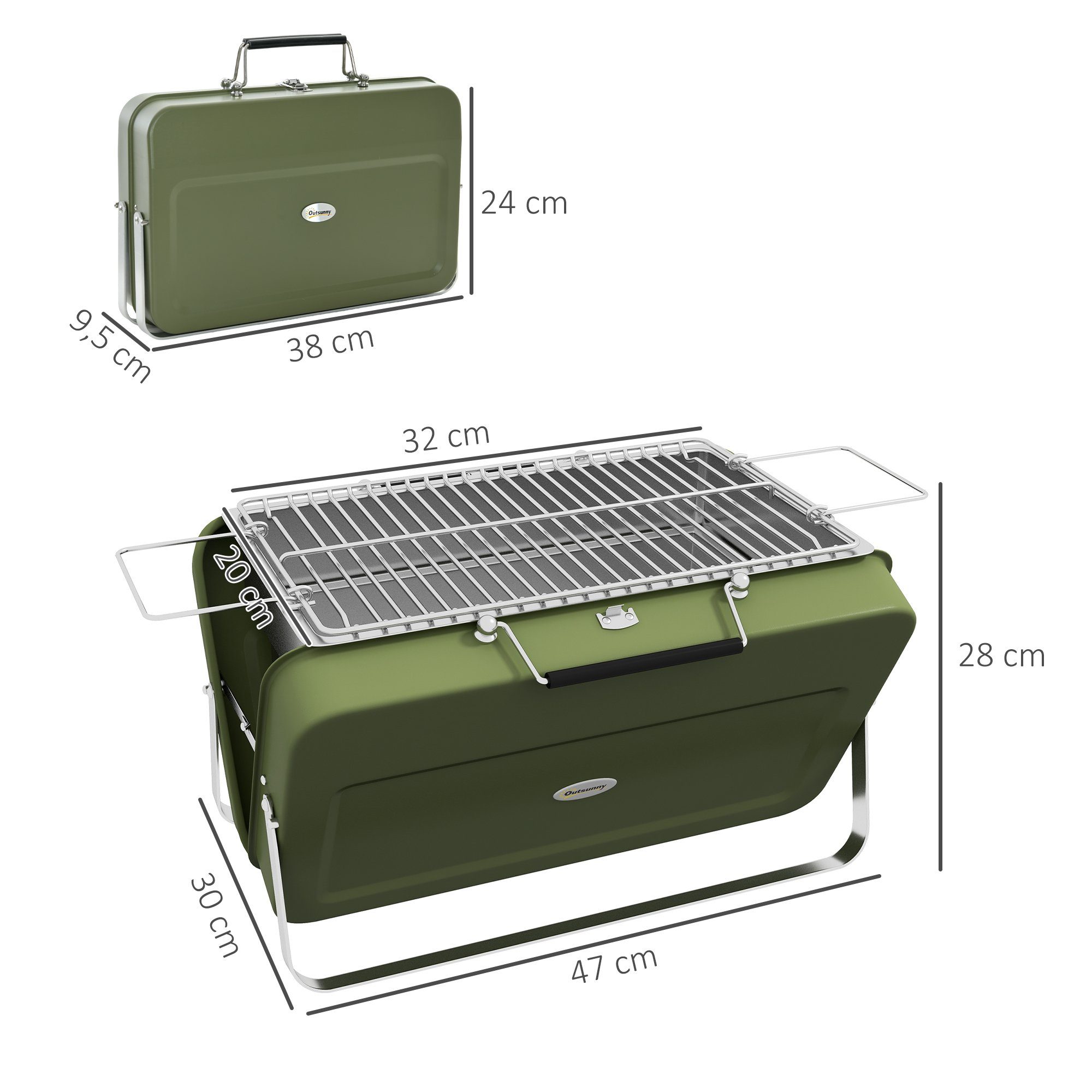 Outsunny Holzkohlegrill Tischgrill mit Kohleschale, Grillrost, Tischholzgrill, Campinggrill, für Picknick, Garten, Edelstahl Grün, 47 x 30 x 28 cm