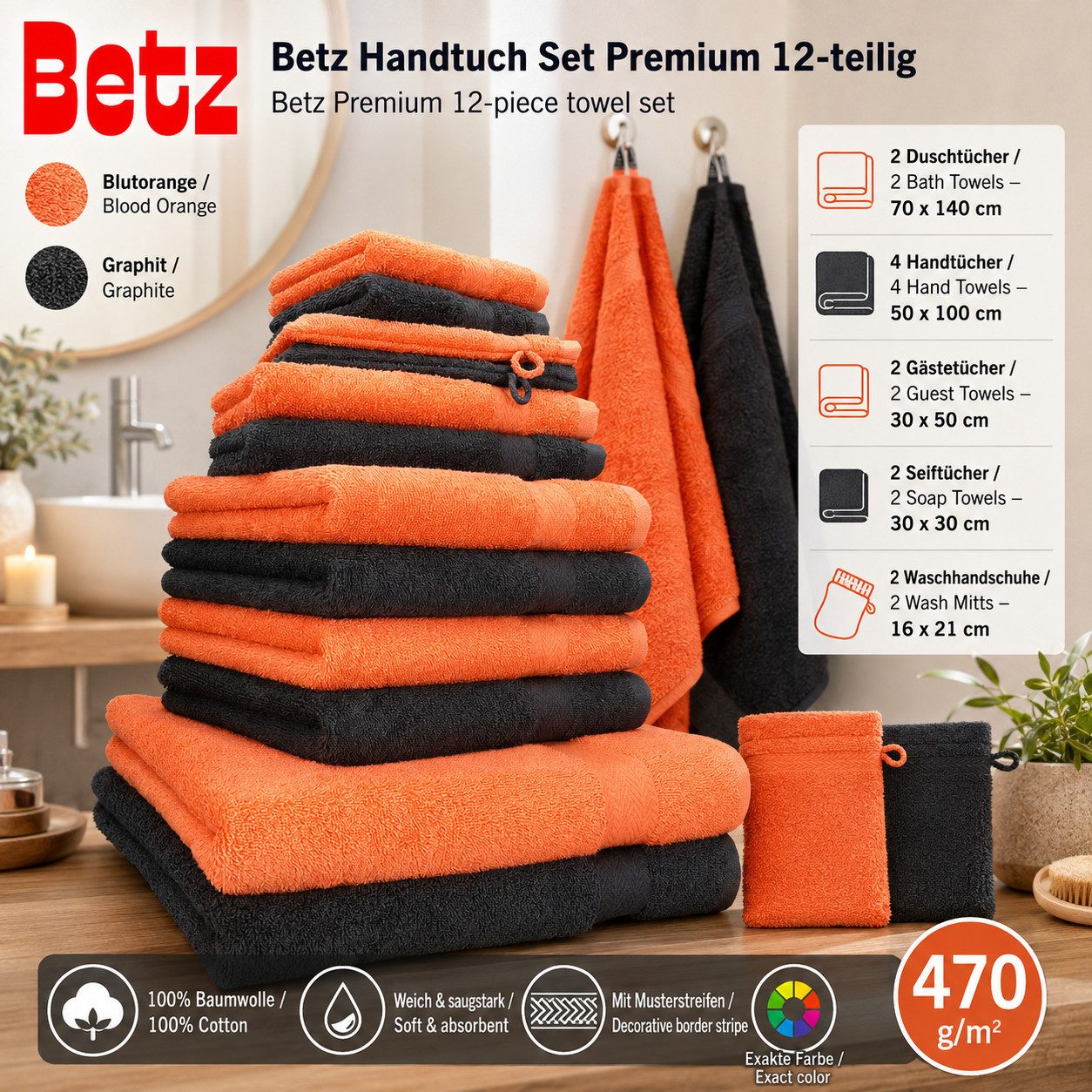 Betz Handtuch Set 12-tlg. Handtücher-Set Premium, 100% Baumwolle (Set, 12-St), 2 Duschtücher, 4 Handtücher, 2 Gästetücher, 2 Seiftücher, 2 WH