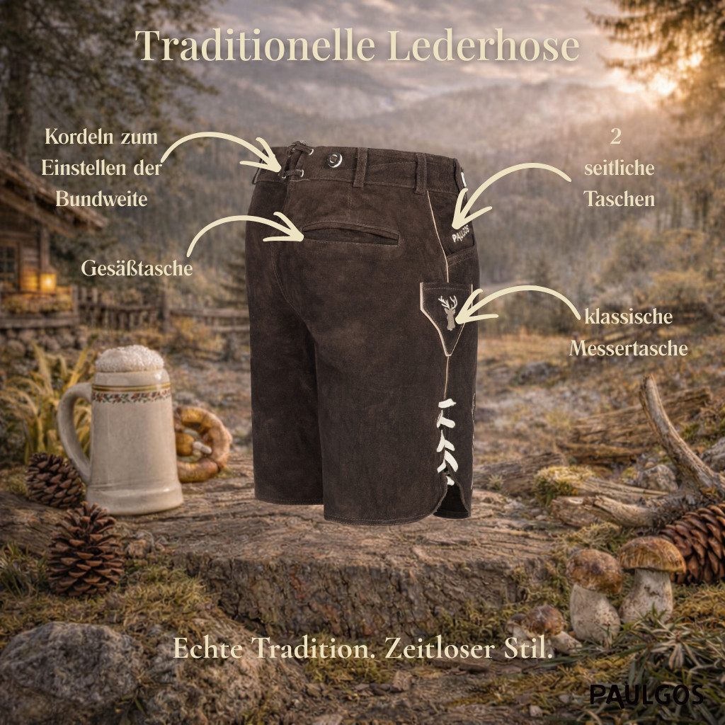 PAULGOS Trachtenhose Herren Lederhose Kurz mit Trägern 100% Echtleder - HK3
