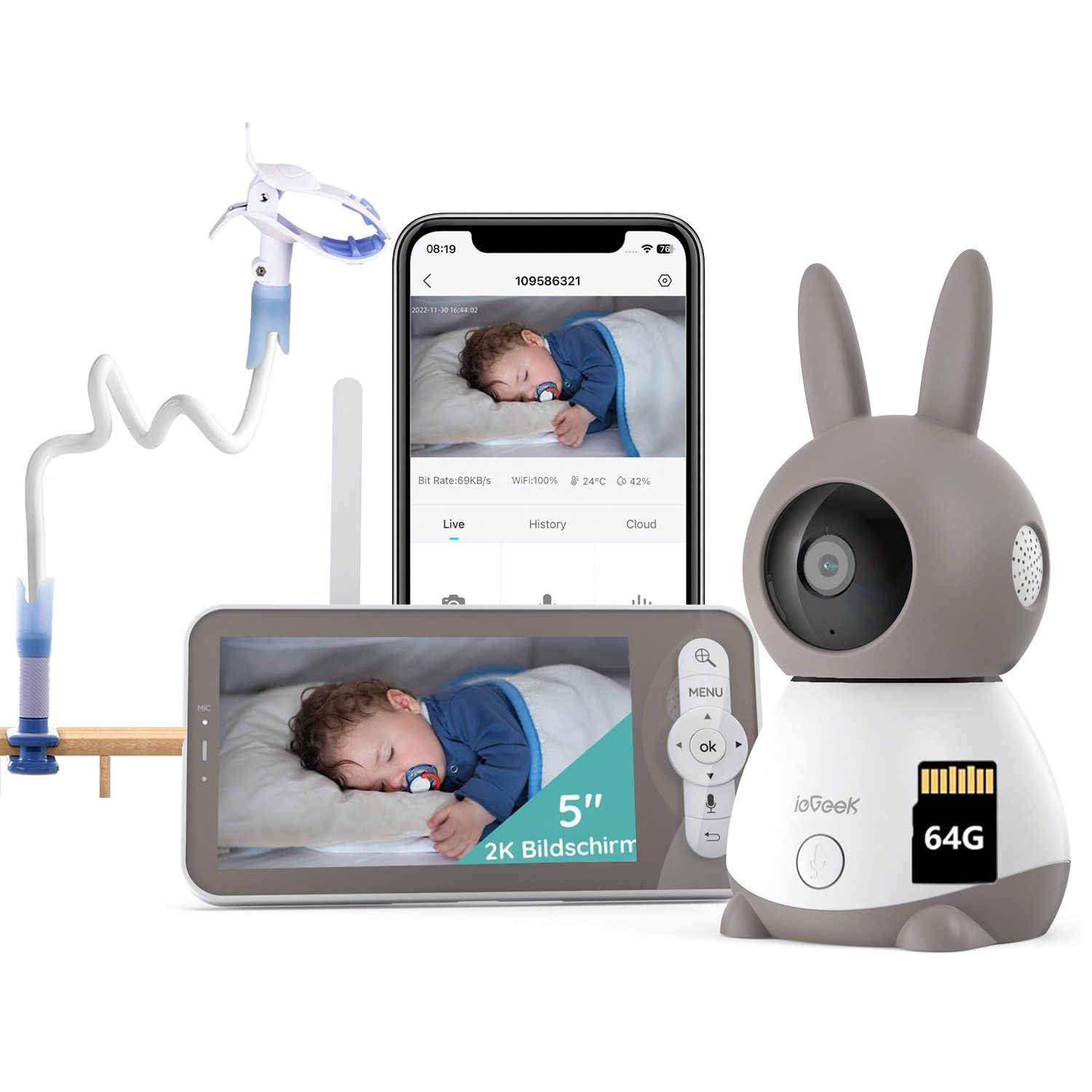 Babyphone Babyphone mit Kamera 2K/3MP, 5 Zoll WiFi Video Babyphone PTZ 355