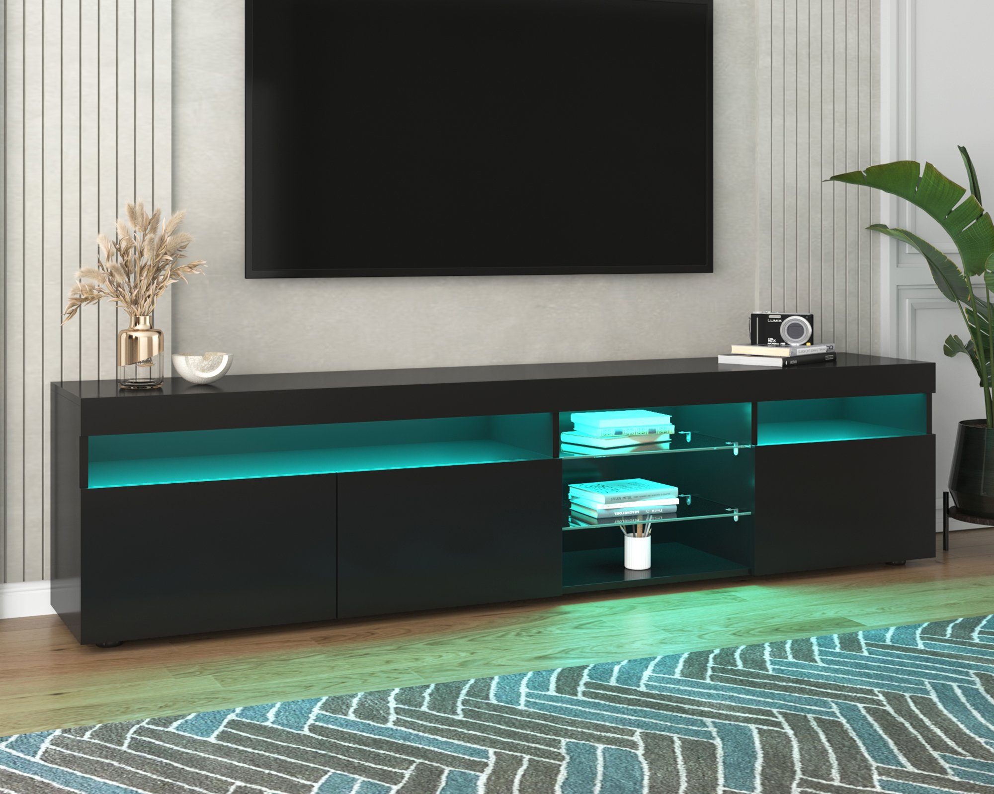 Lowboard (1 St), TV-Schrank Fernsehtisch mit 16 Led Farben Beleuchtung, Glasablage, 3 Türen, Breite 180 cm