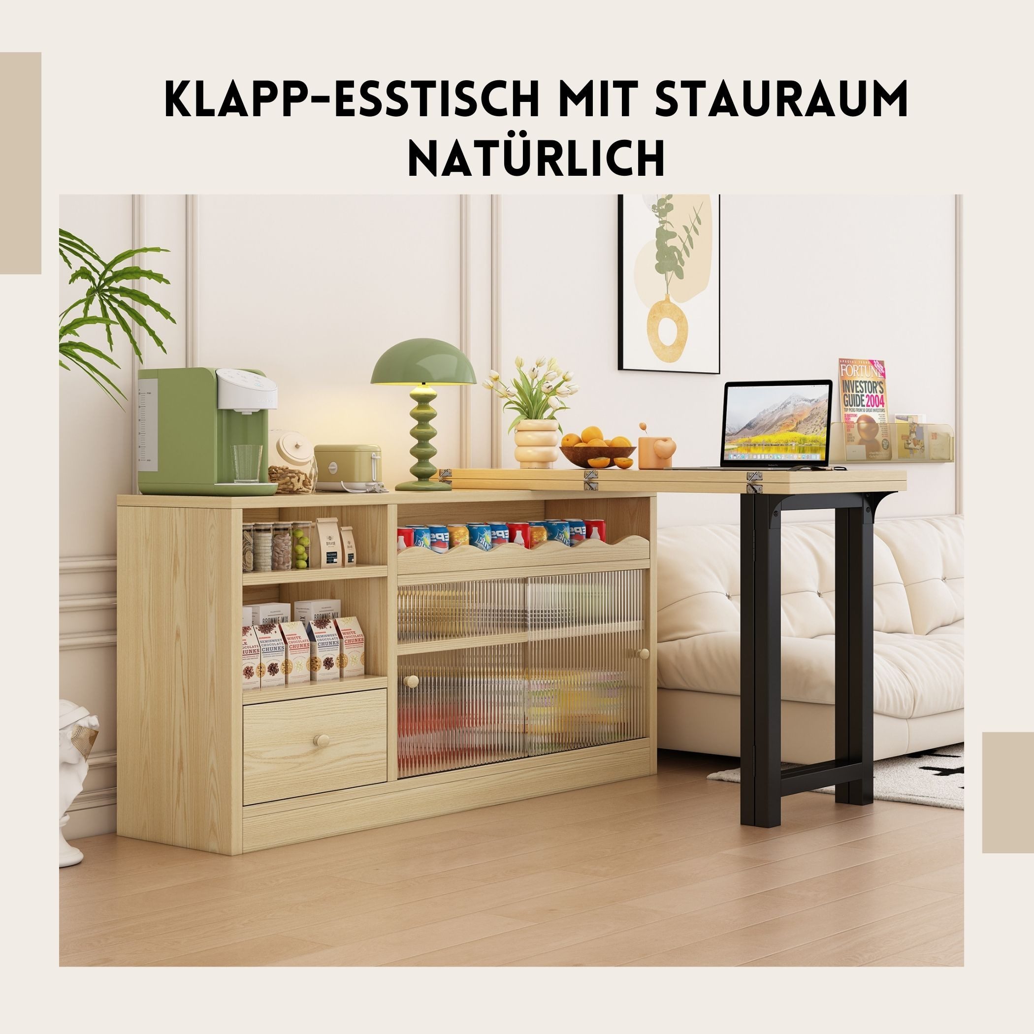 SeedWave Klapptisch Klapp-Esstisch mit Stauraum, 360° drehbare Tischplatte, multifunktionaler Schrank mit Riffelglastüren, platzsparendes Design